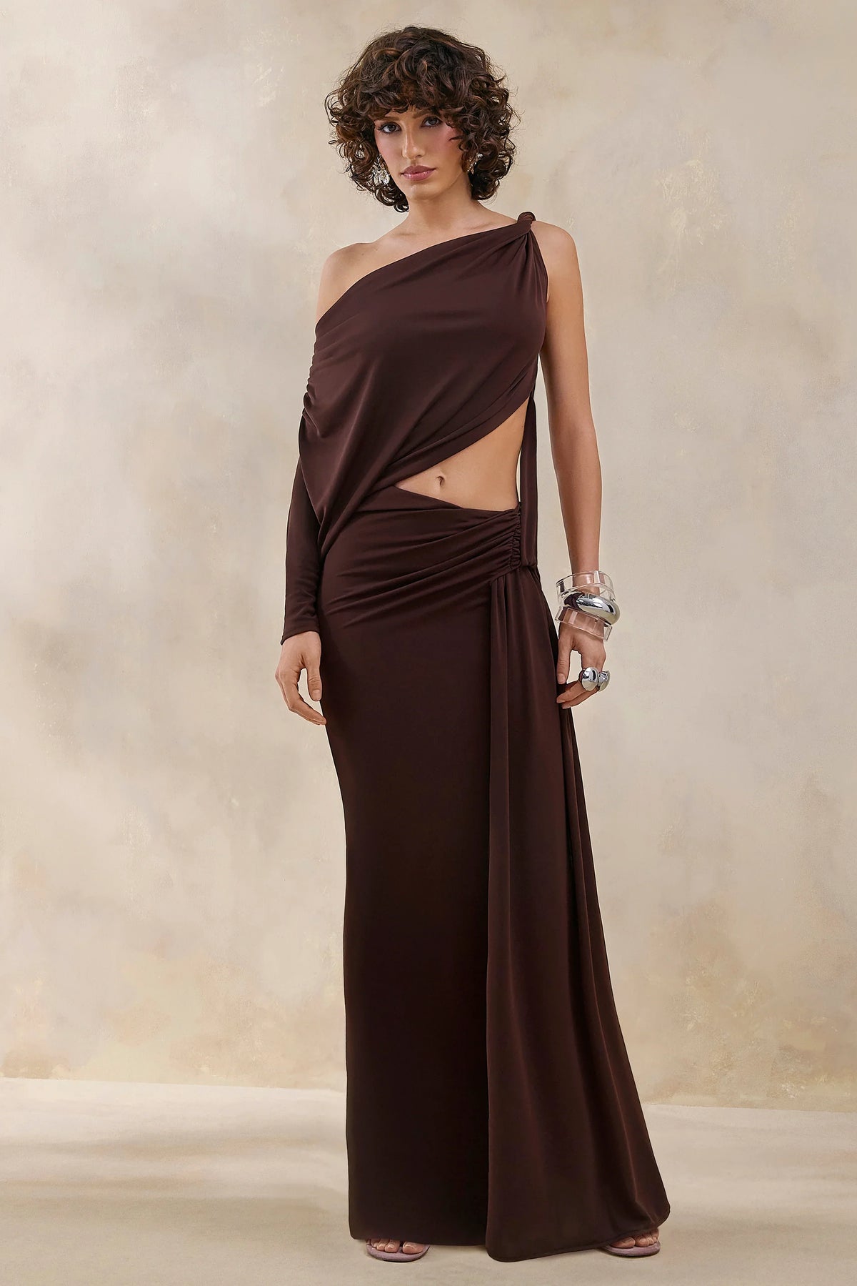 Layla Brown Asymmetric Neck Wrap Maxi Dress With Body Cut Out And Ruched Detailing