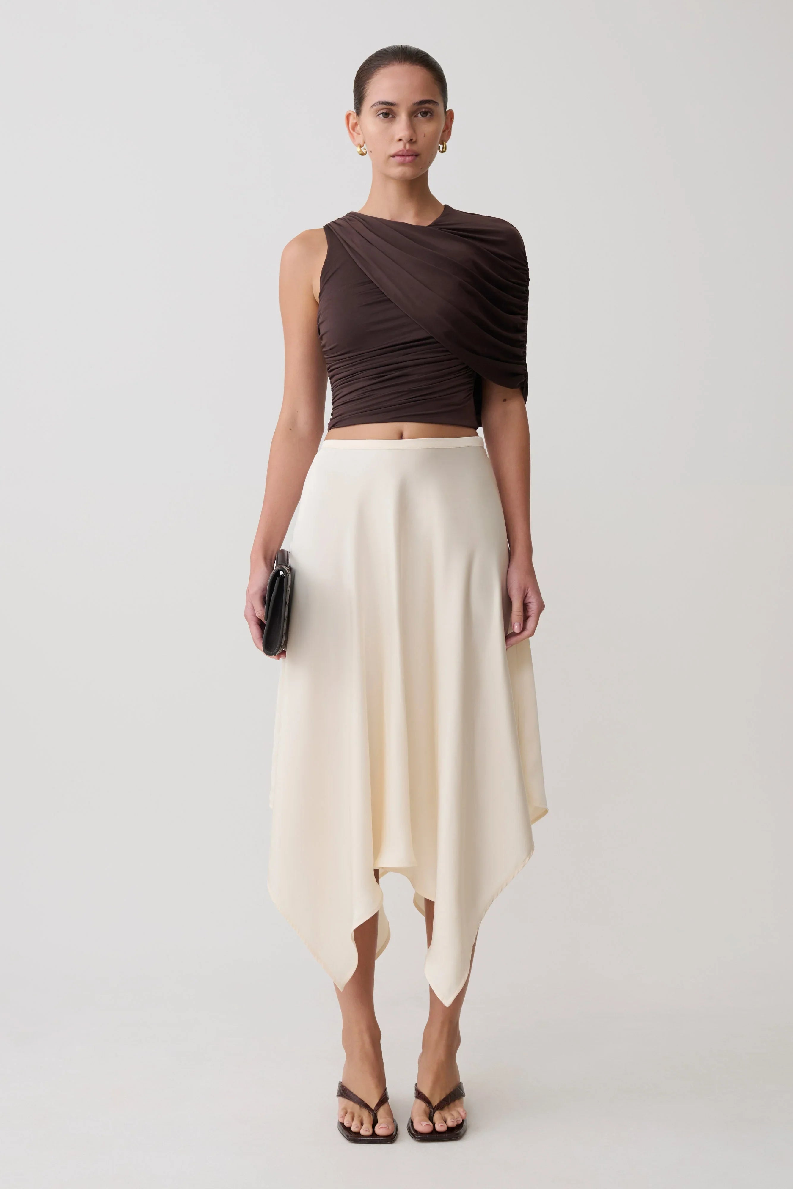 Adrienne One Shoulder Slinky Top Chocolate