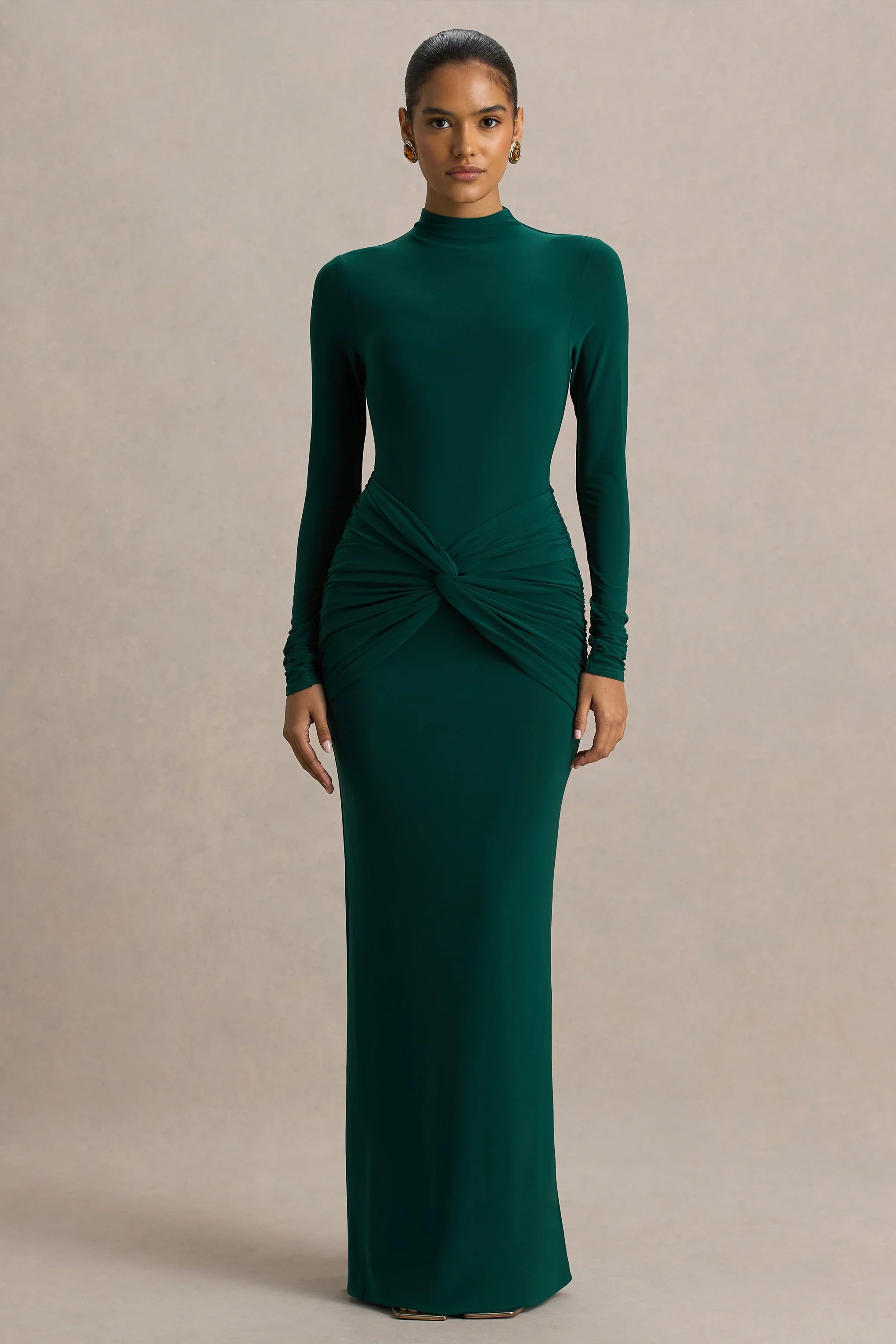 Alula Bottle Green High Neck Maxi Dress With Twist Detail