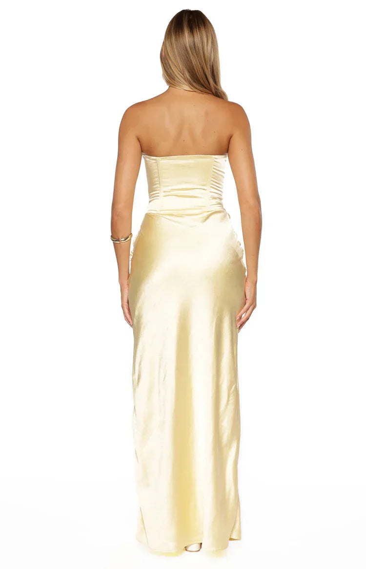 Sasha Yellow Ruched Twist Satin Maxi Dress PRE ORDER
