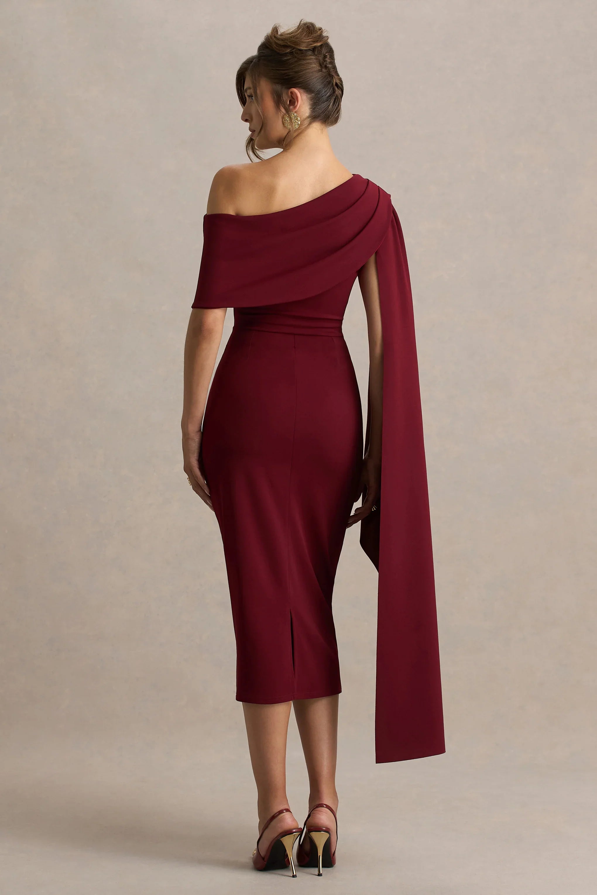 Leah Burgundy Asymmetric Neck Midi Dress With Cape Sleeve