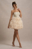 Peaches Champagne Strapless Mini Dress With Volume Feather Hem