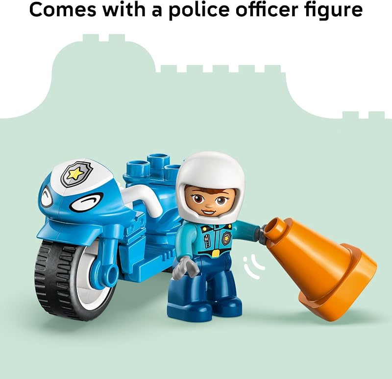 LEGO DUPLO Town Blue Police Motorcycle Building Toy for Toddlers Pretend Play Set Learning Toy for Boys Girls Ages 2 Building Blocks for Motor Skills Practice Gift for Birthdays 10471