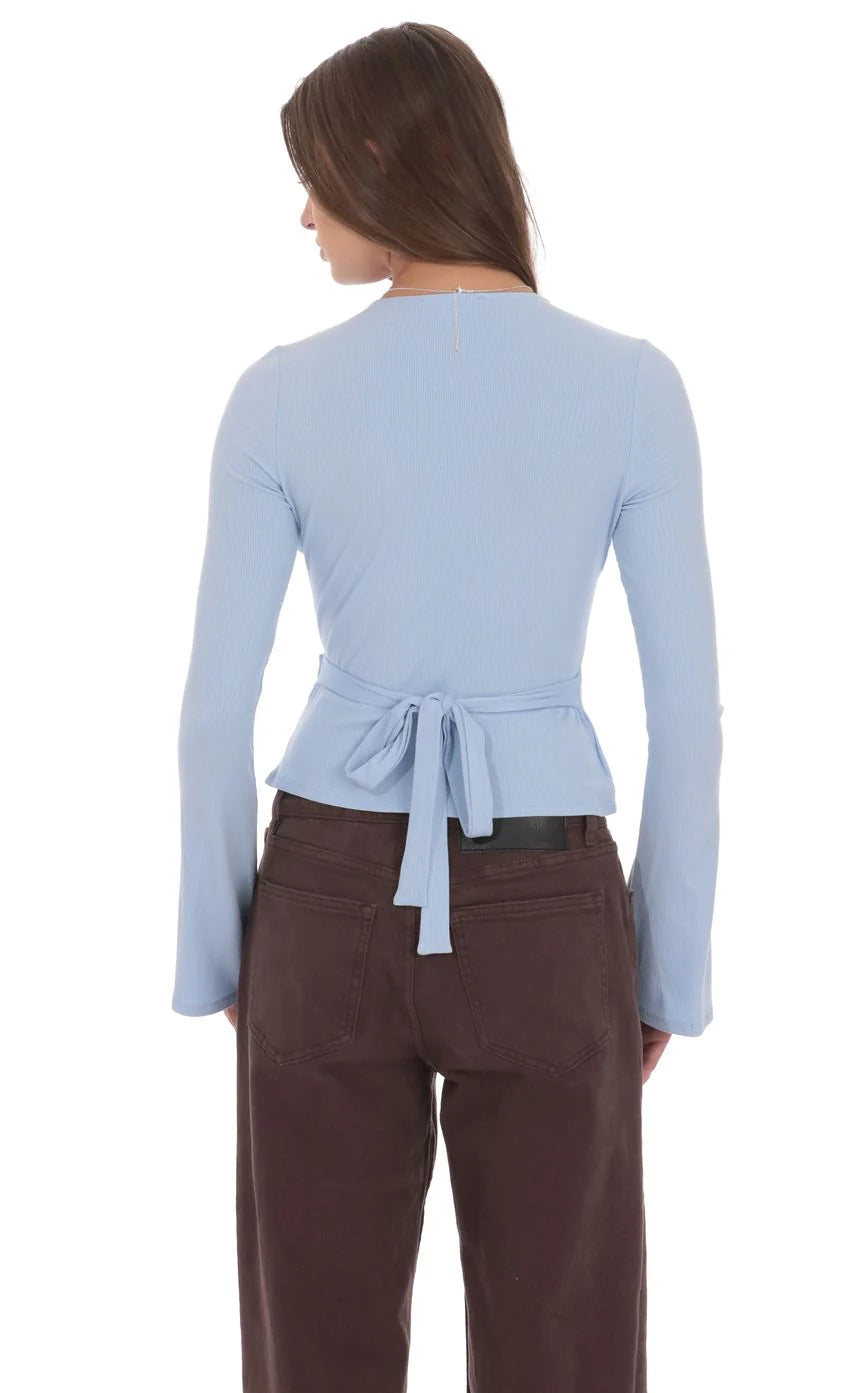 V Neck Overlap Top in Light Blue