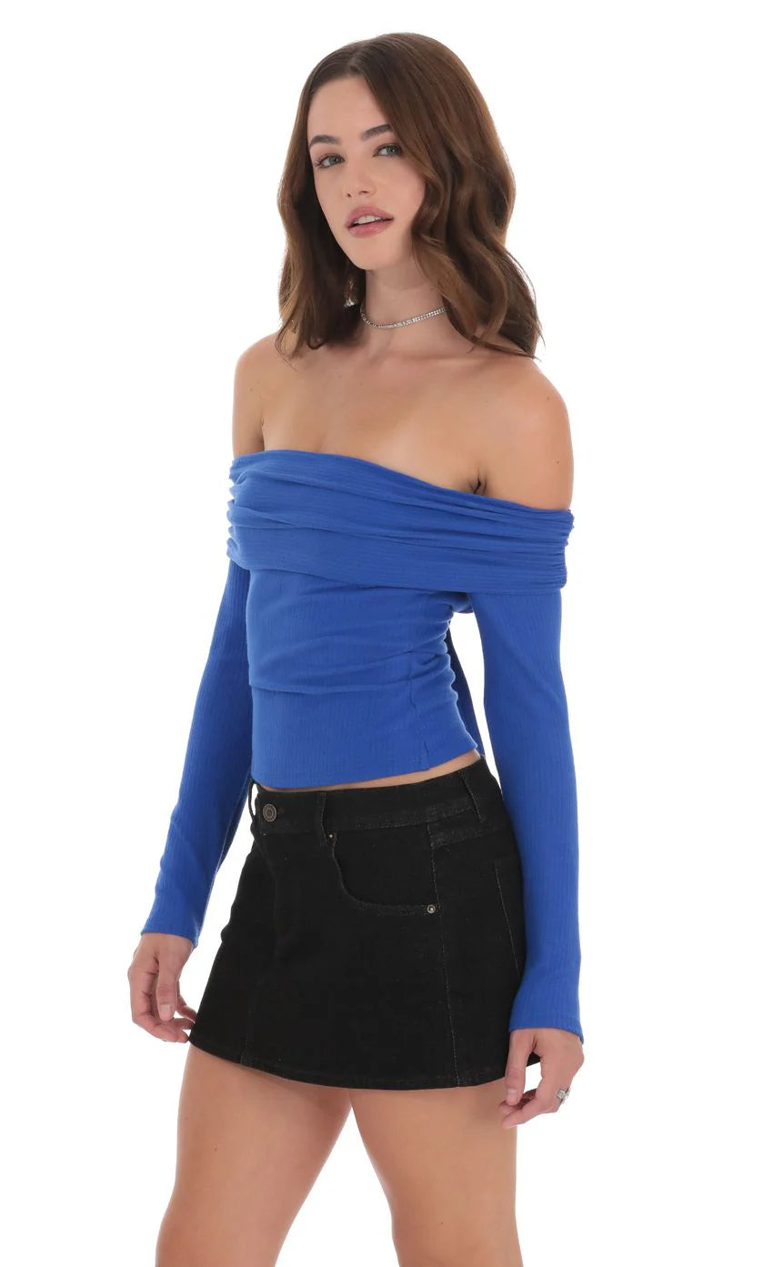 Ribbed Off Shoulder Back Tie Top in Blue