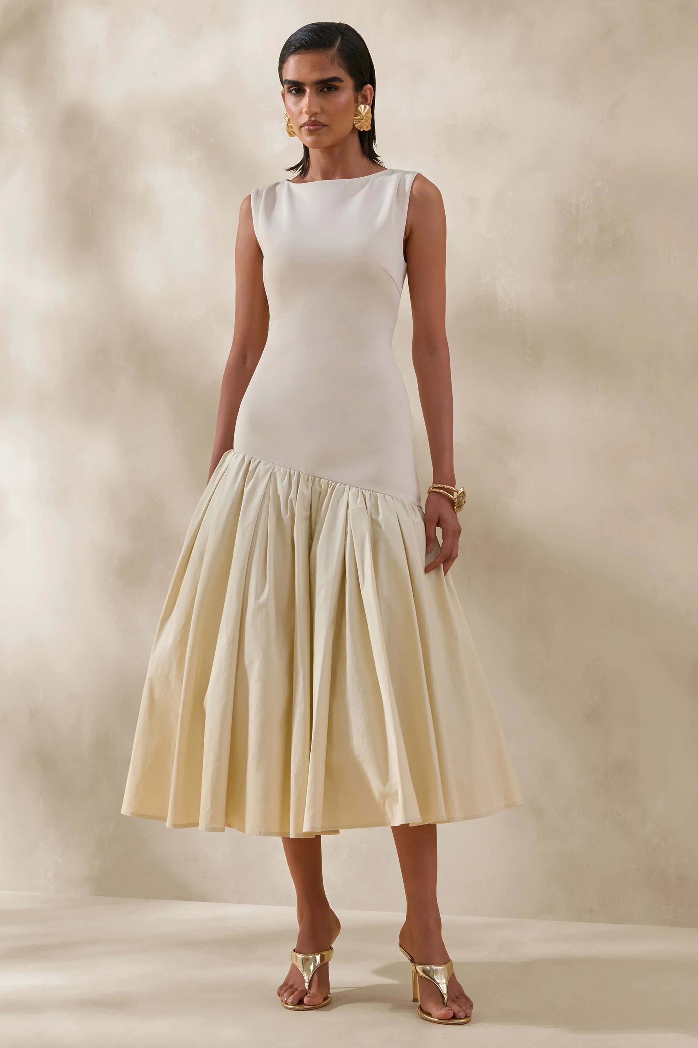 Fantasia Cream Boat Neck Midi Dress With Asymmetric Drop Waist