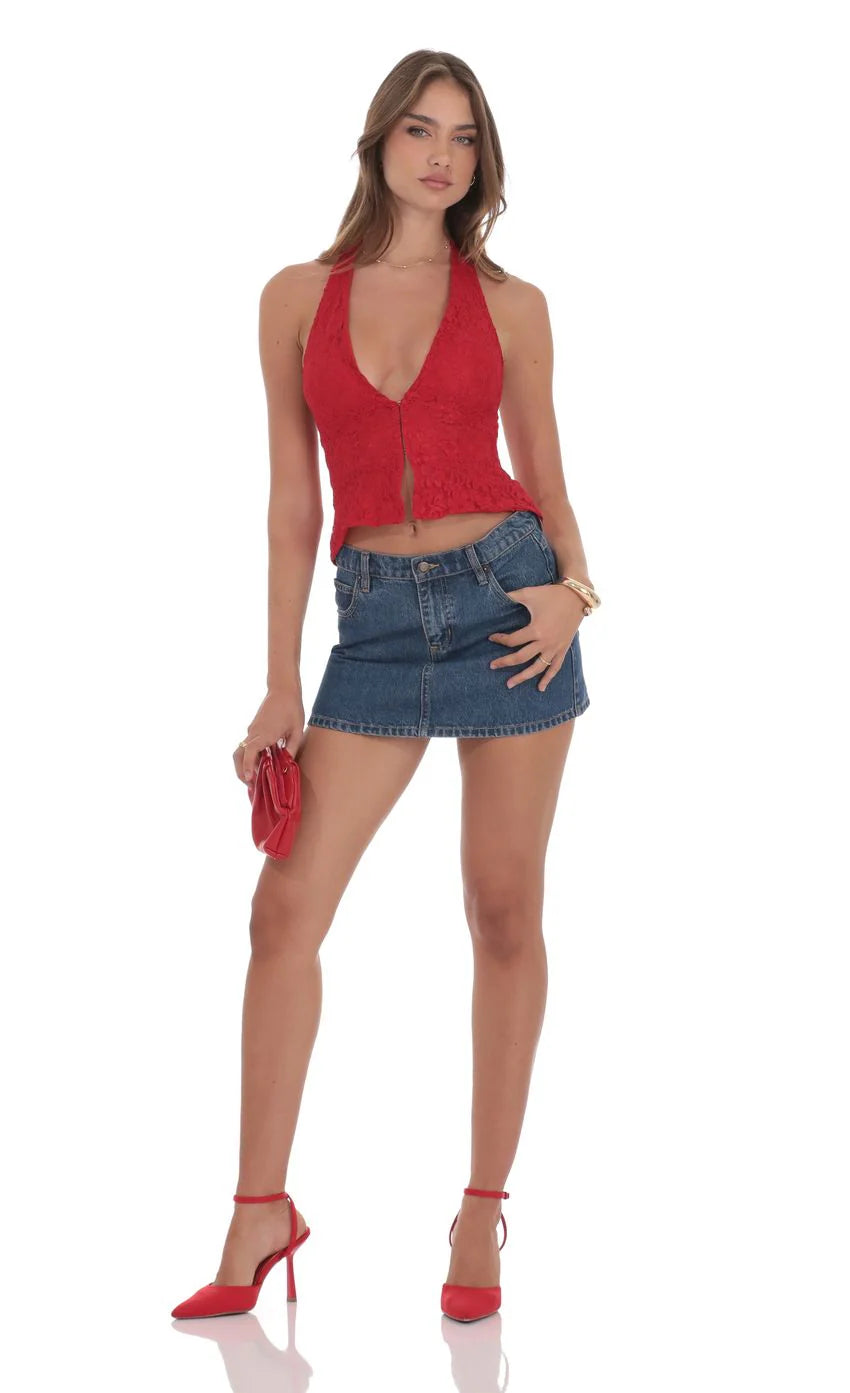 Lace V Neck Halter Top in Red