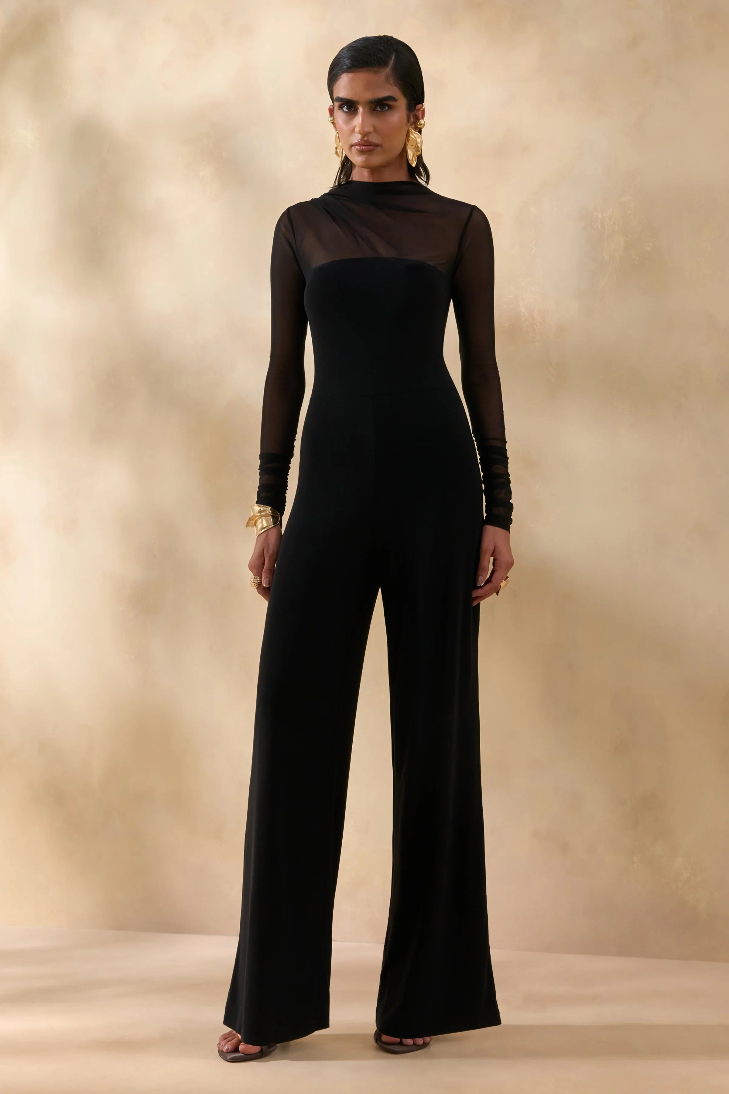 Emeria Black High Neck Jumpsuit With Long Mesh Sleeves