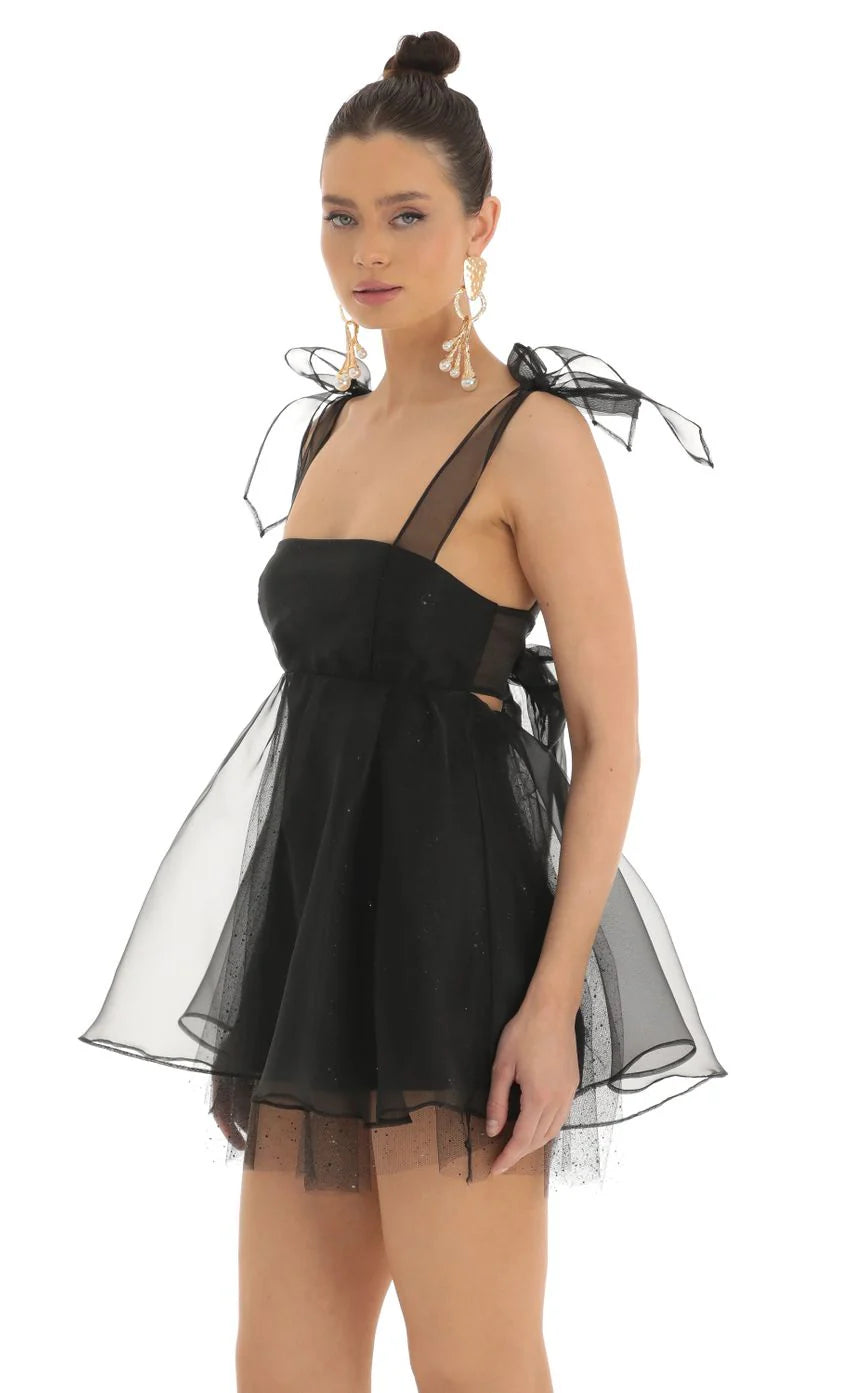 Glitter Bow Baby Doll Dress in Black