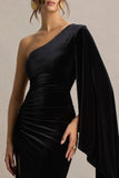 Camilla Black Velvet Asymmetric Neck Maxi Dress With Ruched Detailing