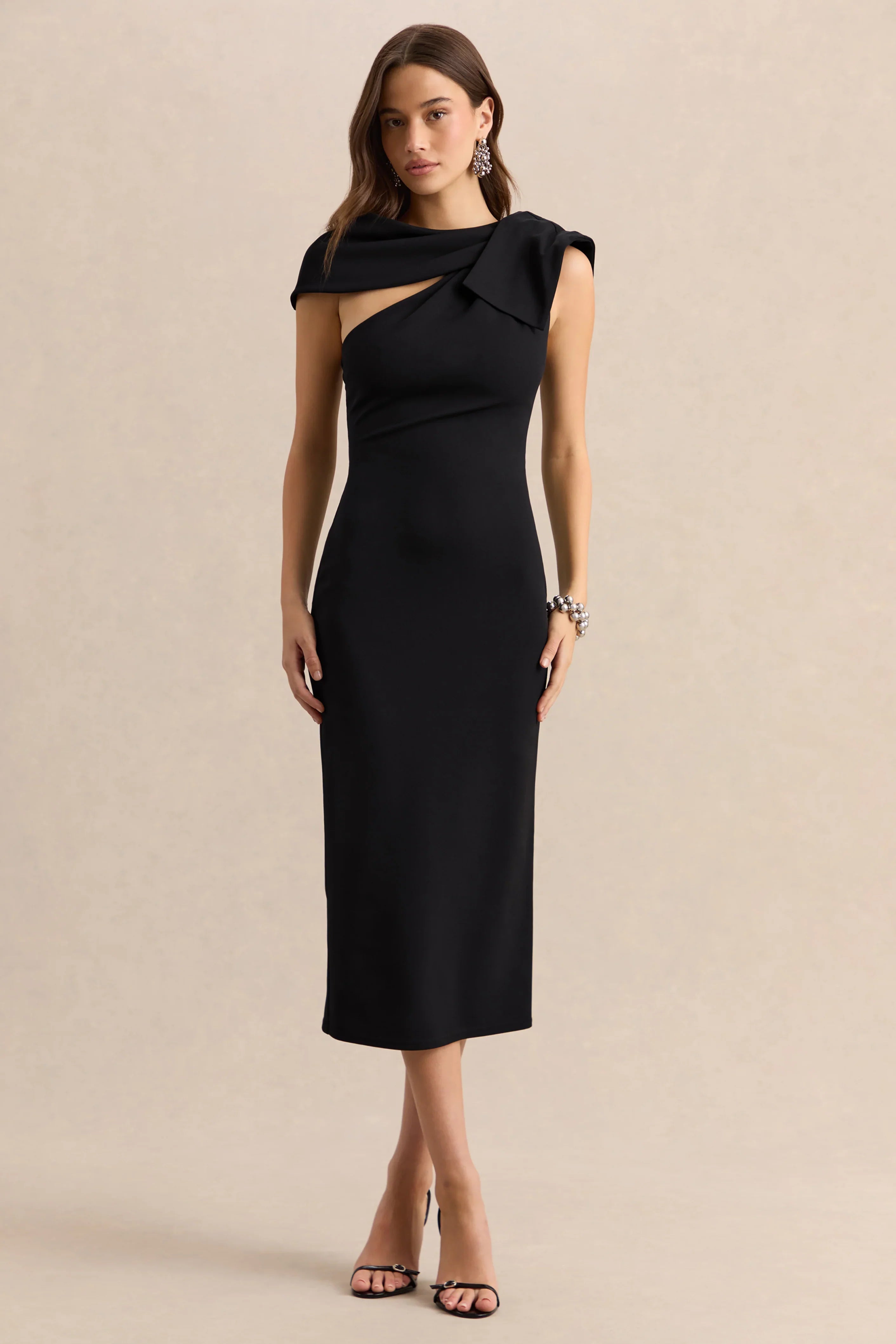 Clarina Black Asymmetric Neck Midi Dress With Bow Detail