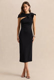Clarina Black Asymmetric Neck Midi Dress With Bow Detail