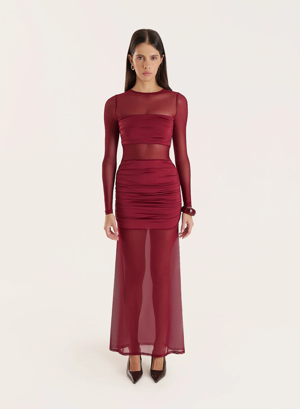 Burgundy Jersey And Mesh Mix Long Sleeved Maxi Dress