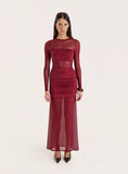 Burgundy Jersey And Mesh Mix Long Sleeved Maxi Dress