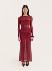 Burgundy Jersey And Mesh Mix Long Sleeved Maxi Dress