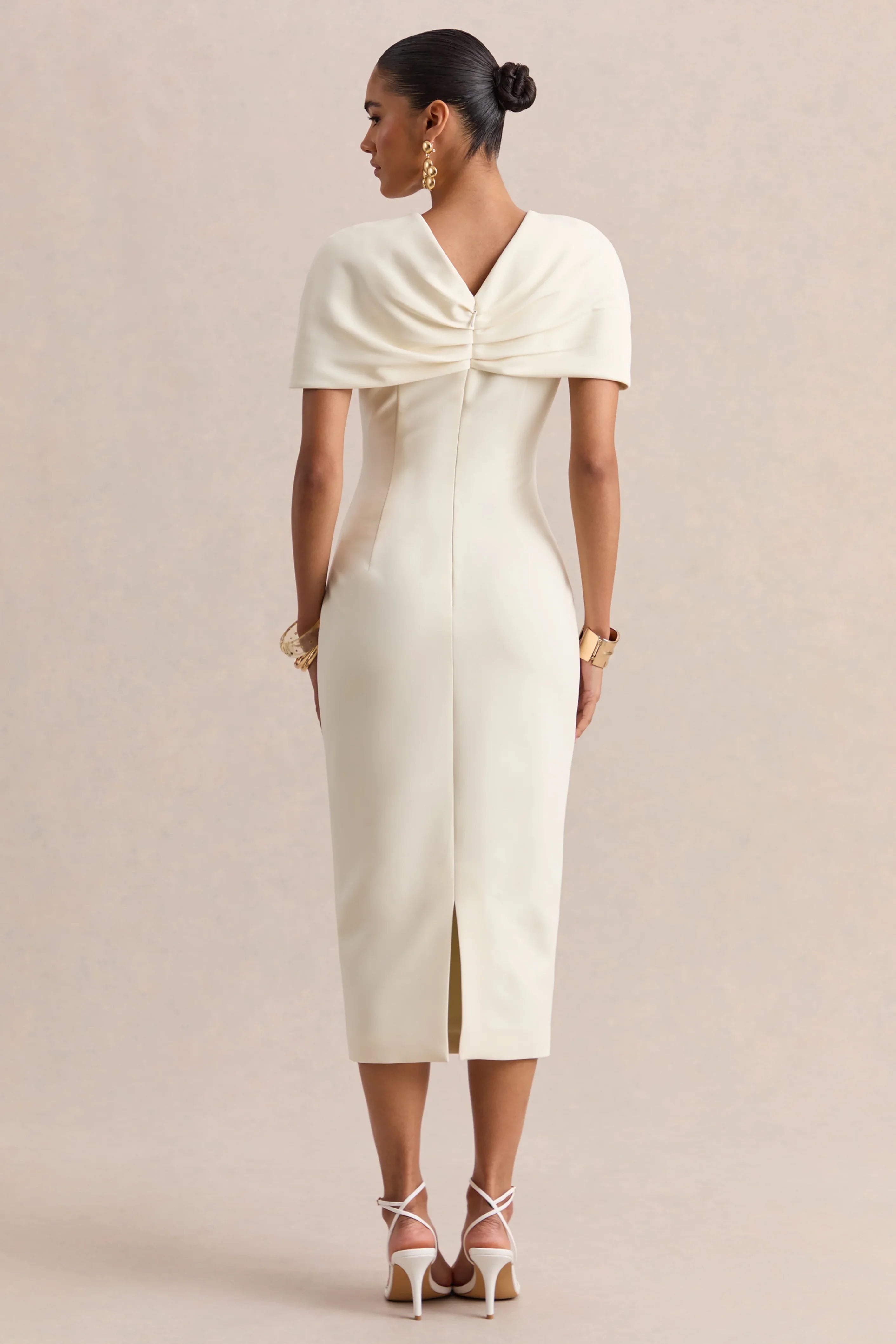 Novalie Cream V Neck Midi Dress With Twist Detail