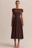 Mavina Brown Bardot Neck Midi Dress
