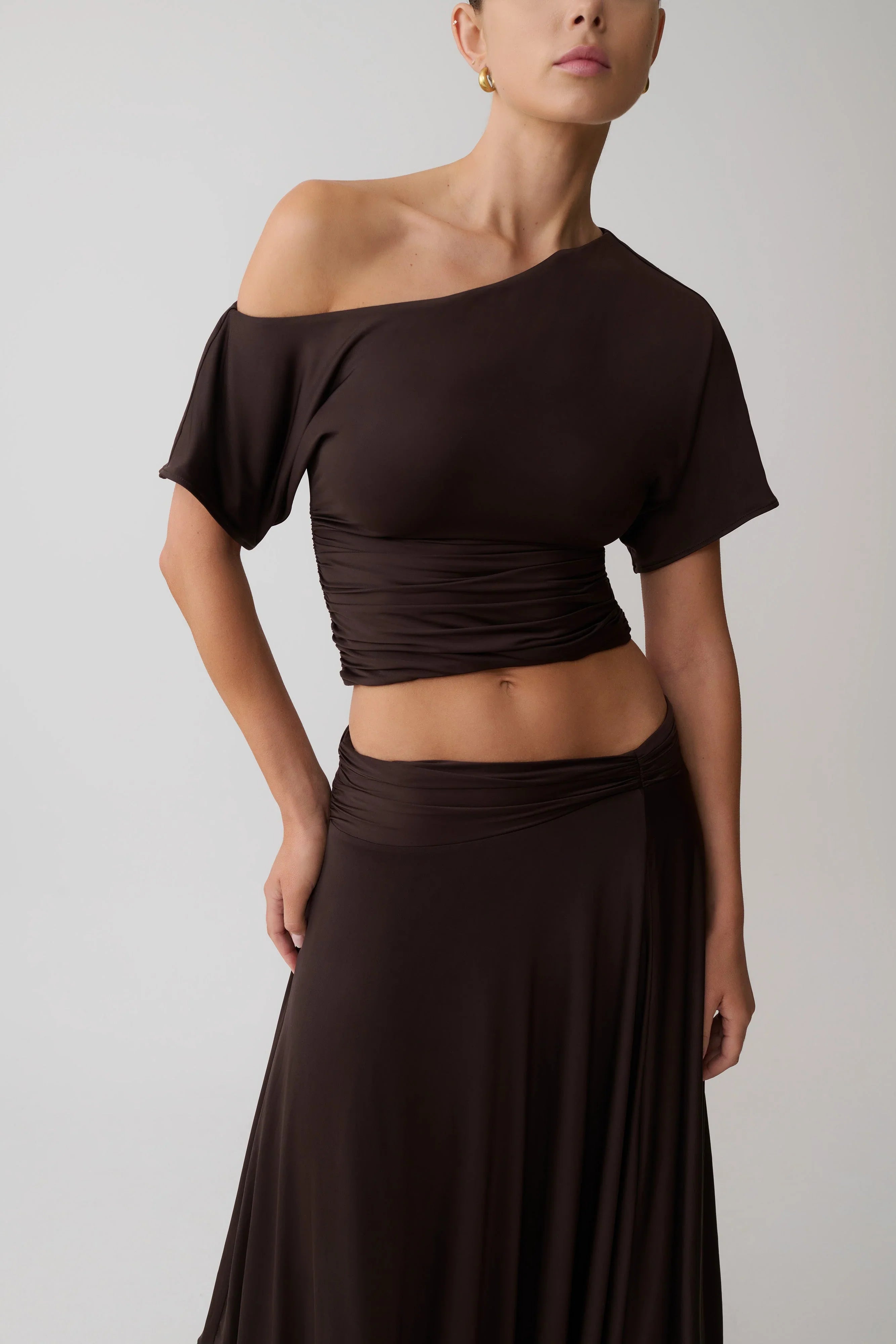 Luu Off Shoulder Slinky Top Dark Chocolate