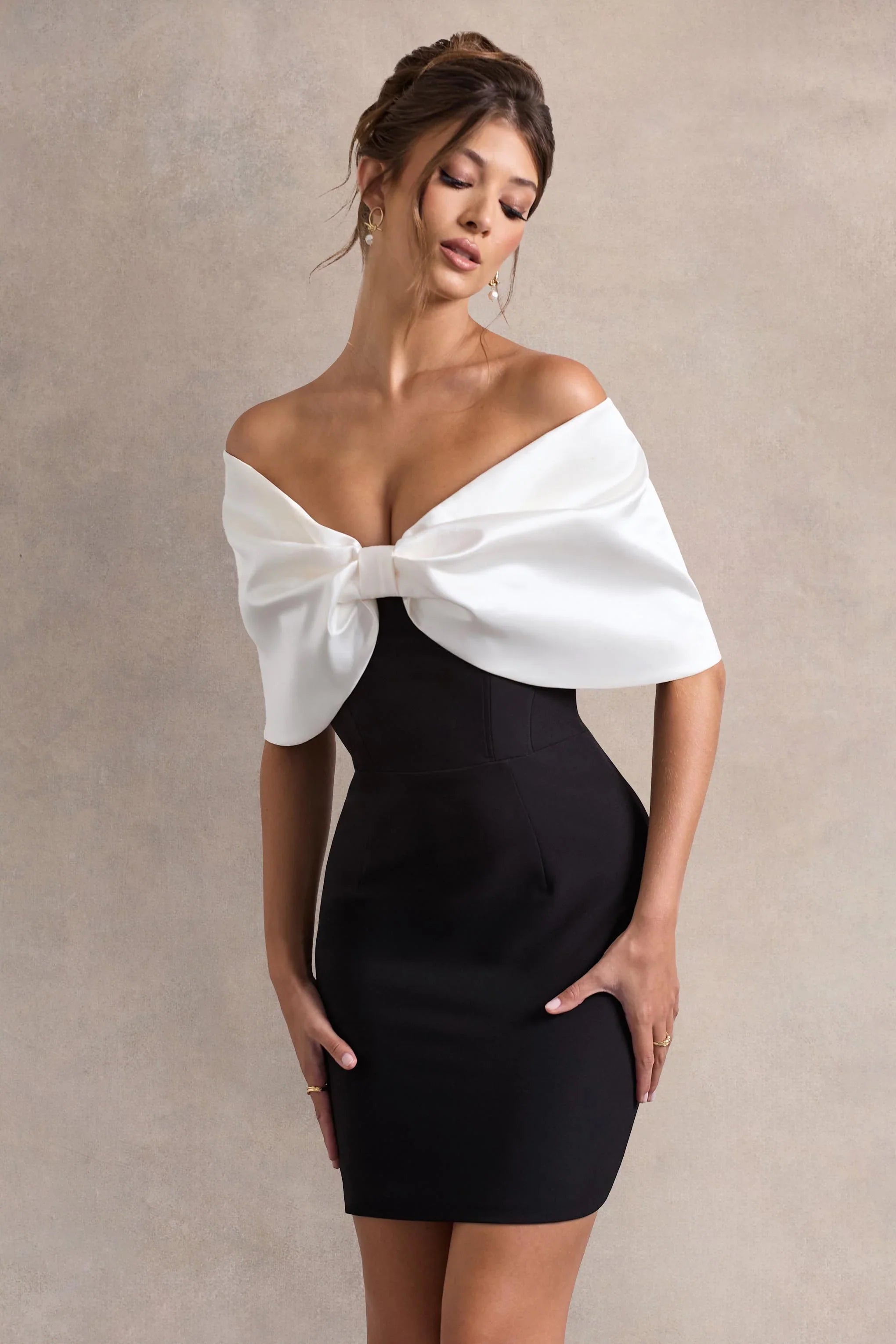 Dewdrop Black White Mini Dress With Oversized Bow