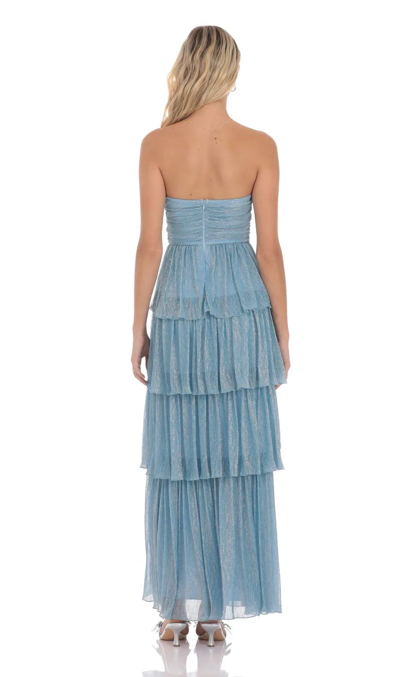 Strapless Shimmer Ruffle Maxi Dress in Blue
