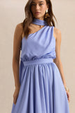Caluna Powder Blue Satin Asymmetric Neck Midi Dress With Scarf Detail