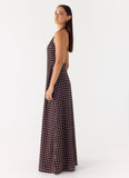 Float Away Maxi Dress Chocolate Blue Dot
