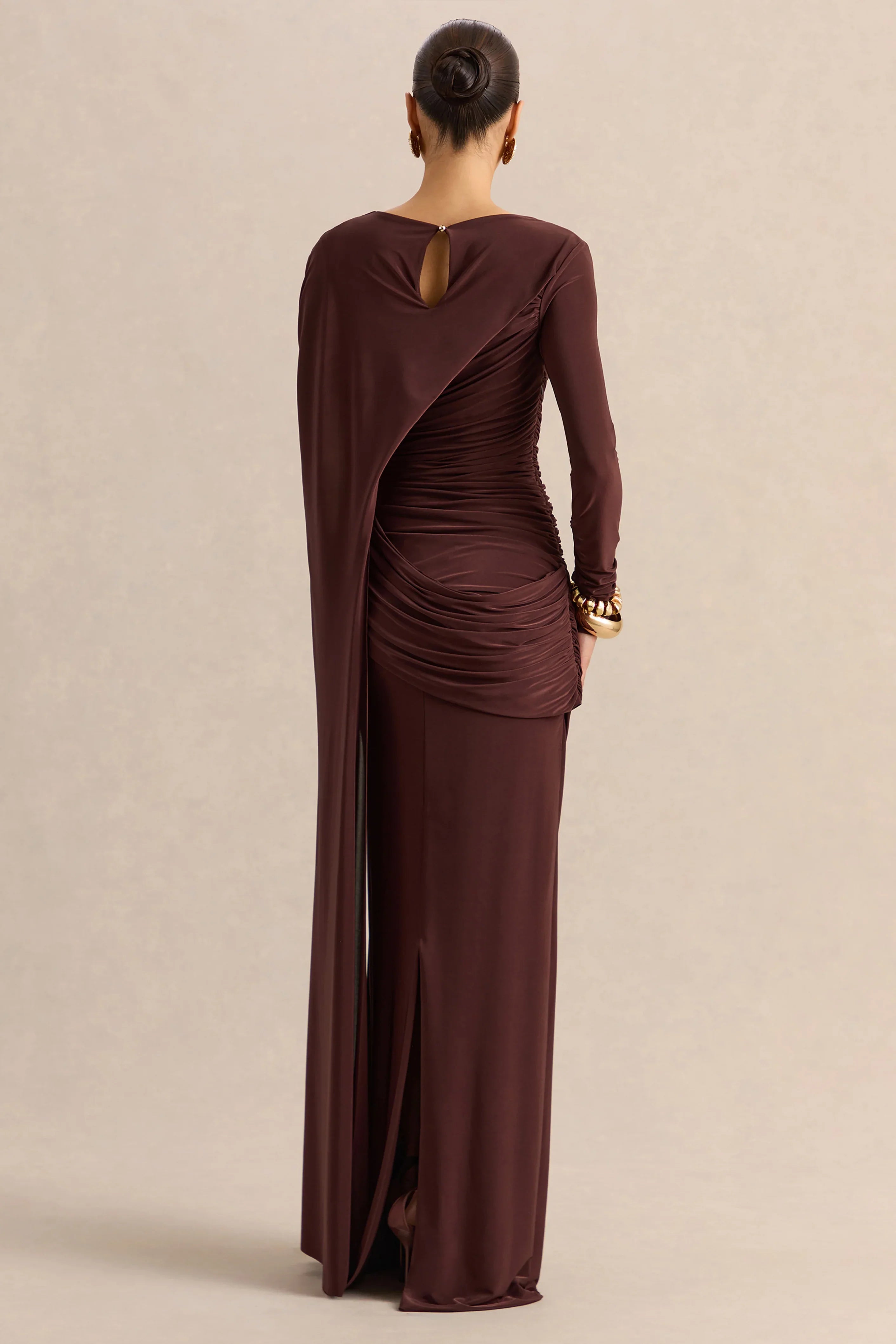 Orintha Brown Slashed Neck Maxi Dress With Cape And Gold Detail