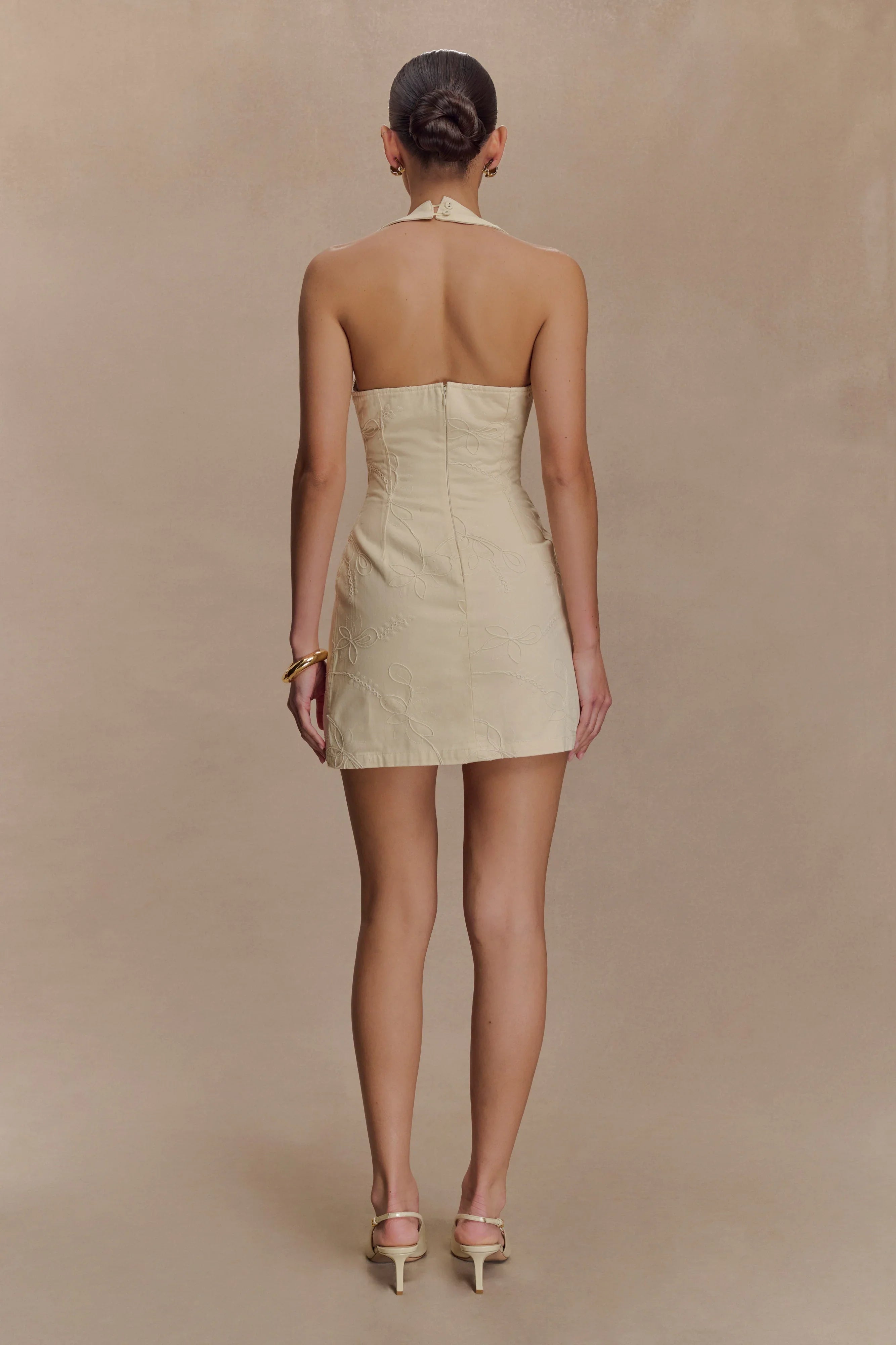 Ebony Embroidered Denim Mini Dress Cream