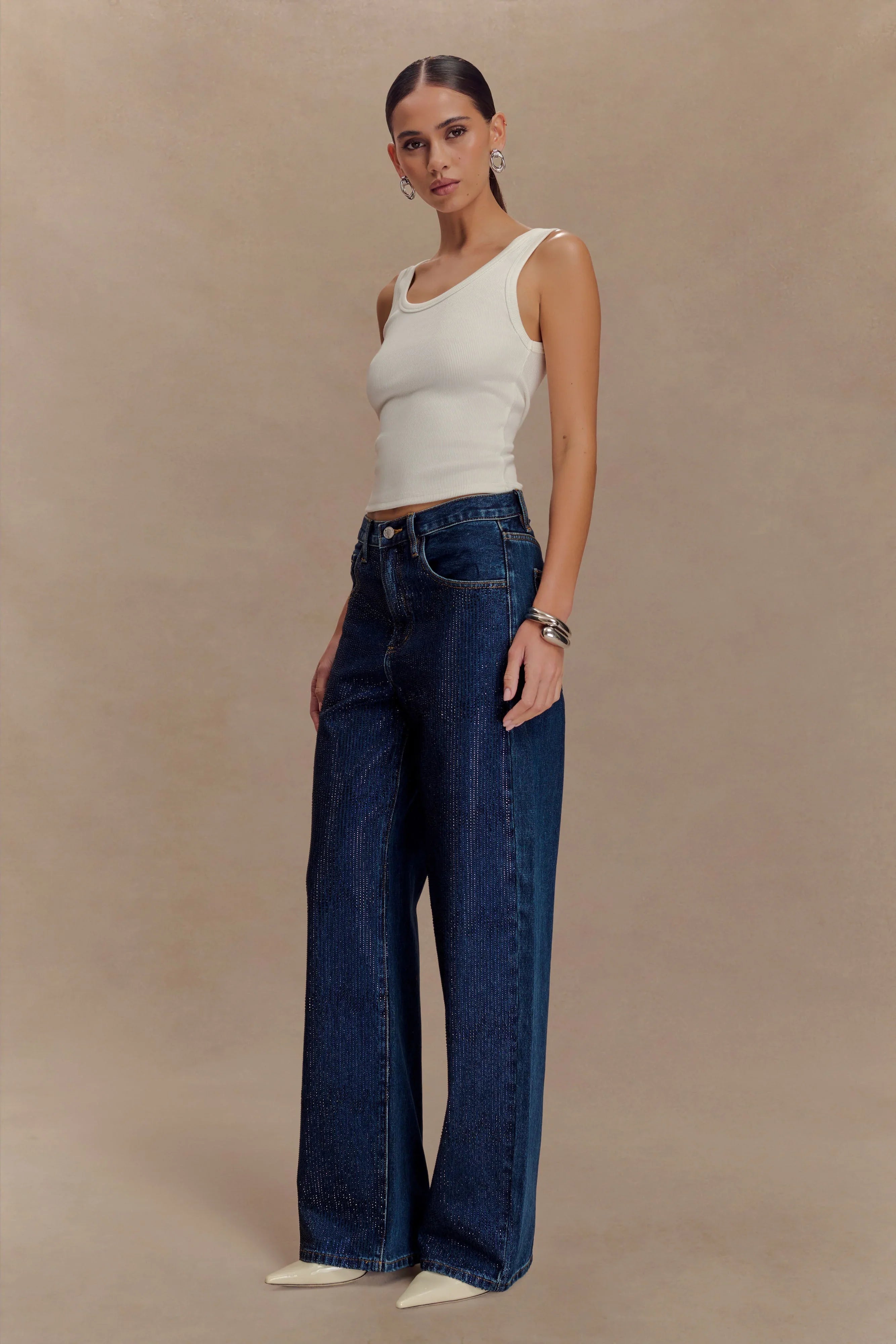 Laina Mid Rise Diamante Denim Jeans Midnight Blue