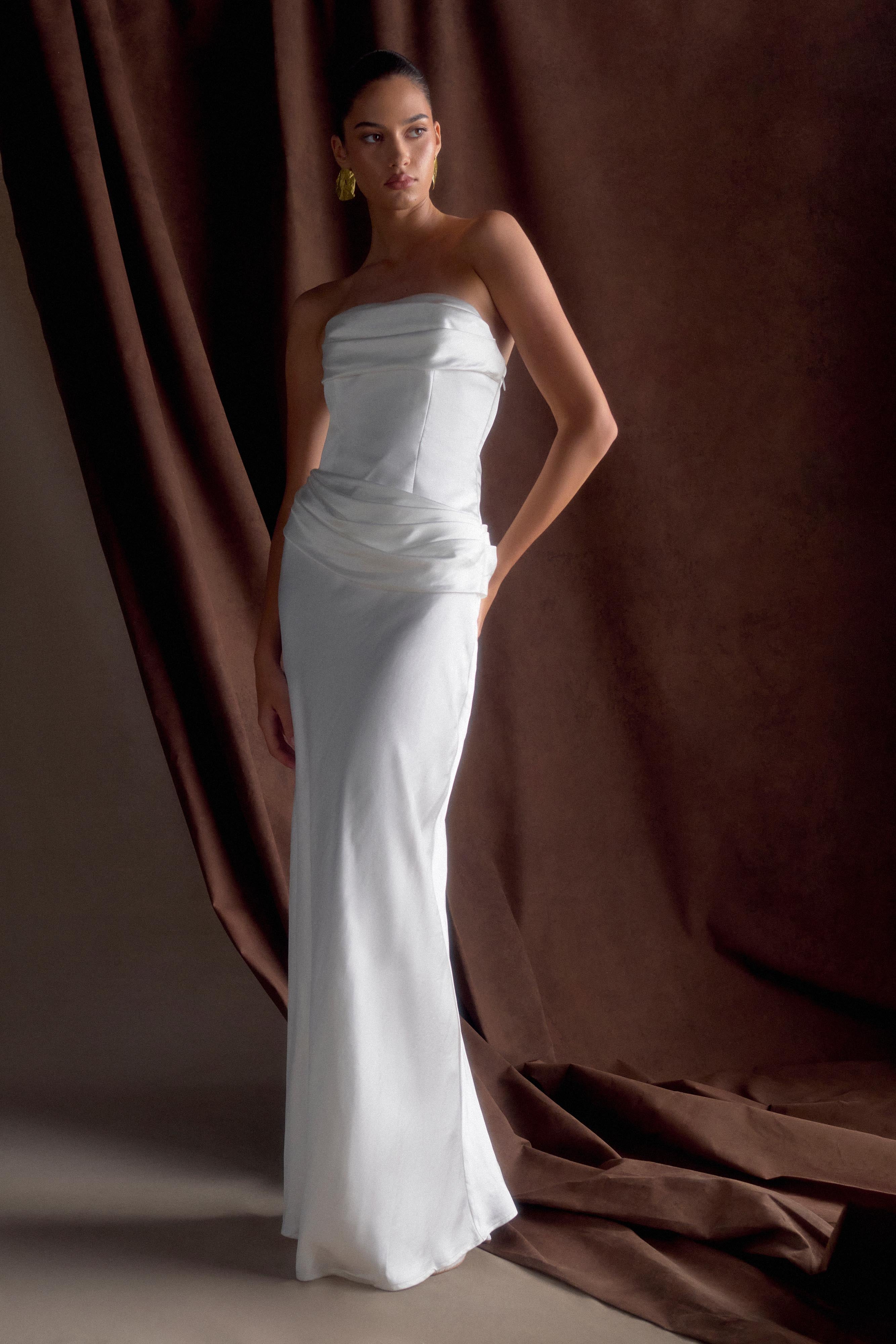 Jasmine Strapless Satin Maxi Dress White