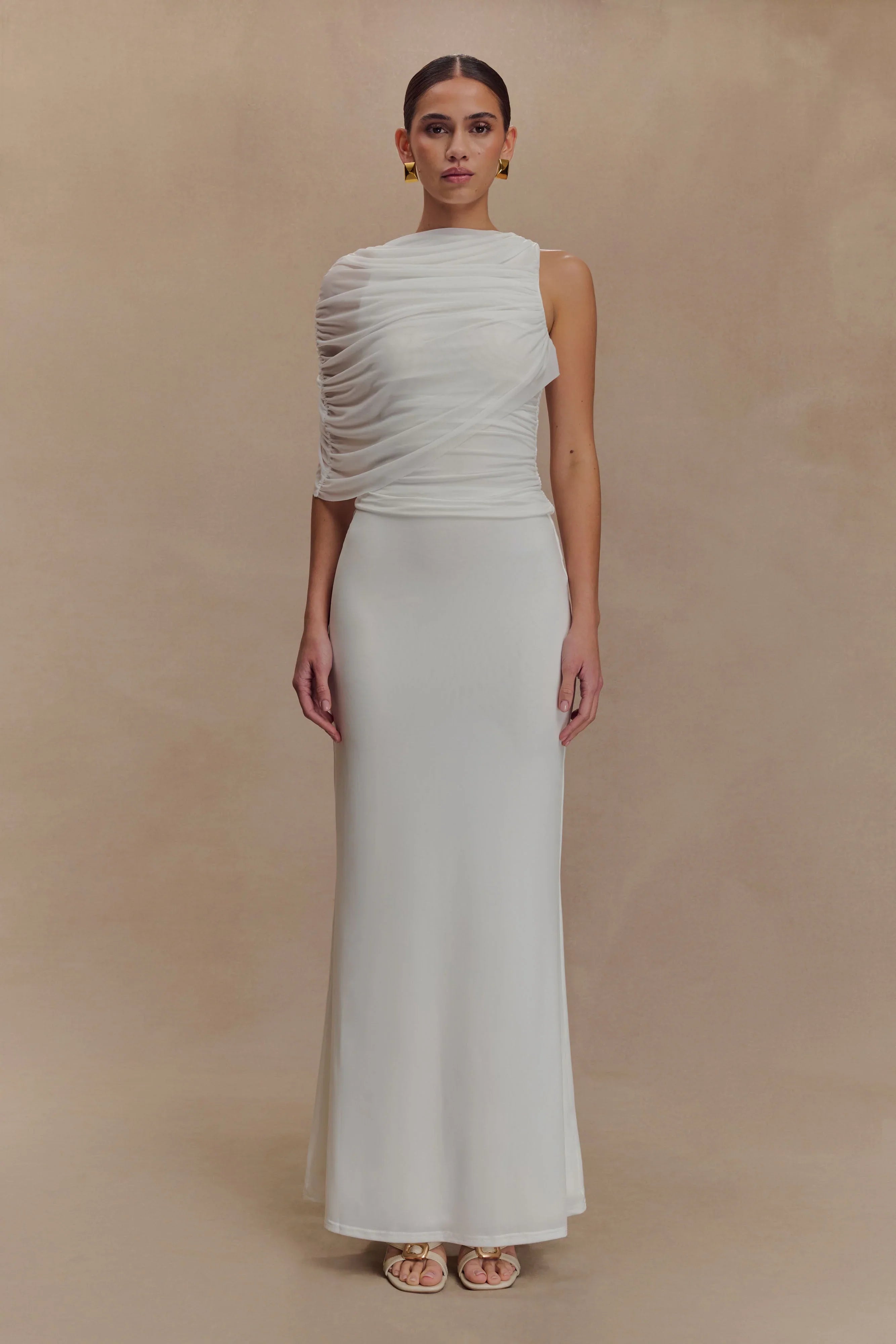 Pruedance Slinky Draped Top With Mesh Overlay White