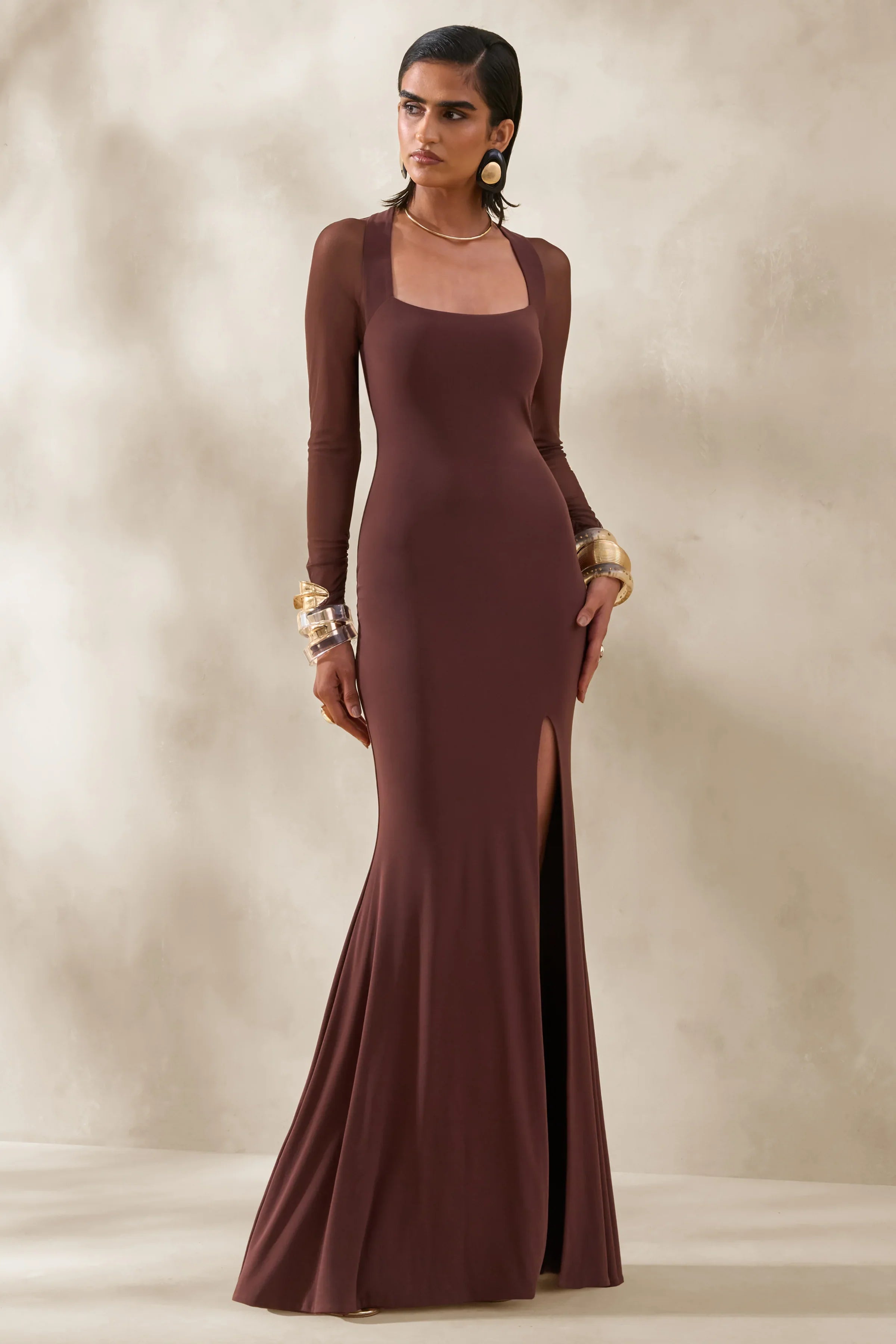 Renalia Brown Square Neck Maxi Dress With Mesh Long Sleeves