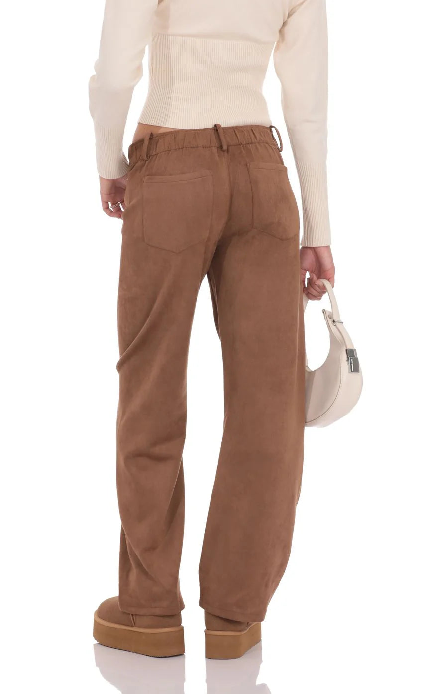 Suede Straight Leg Pants in Brown