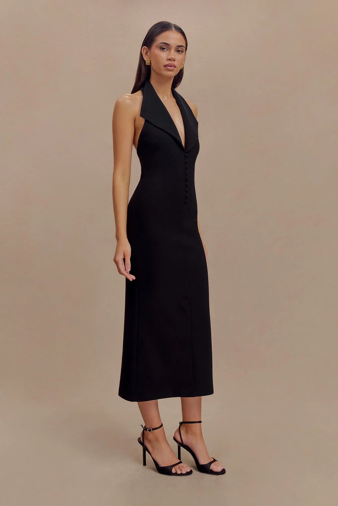 Annita Crepe Halter Midi Dress Black