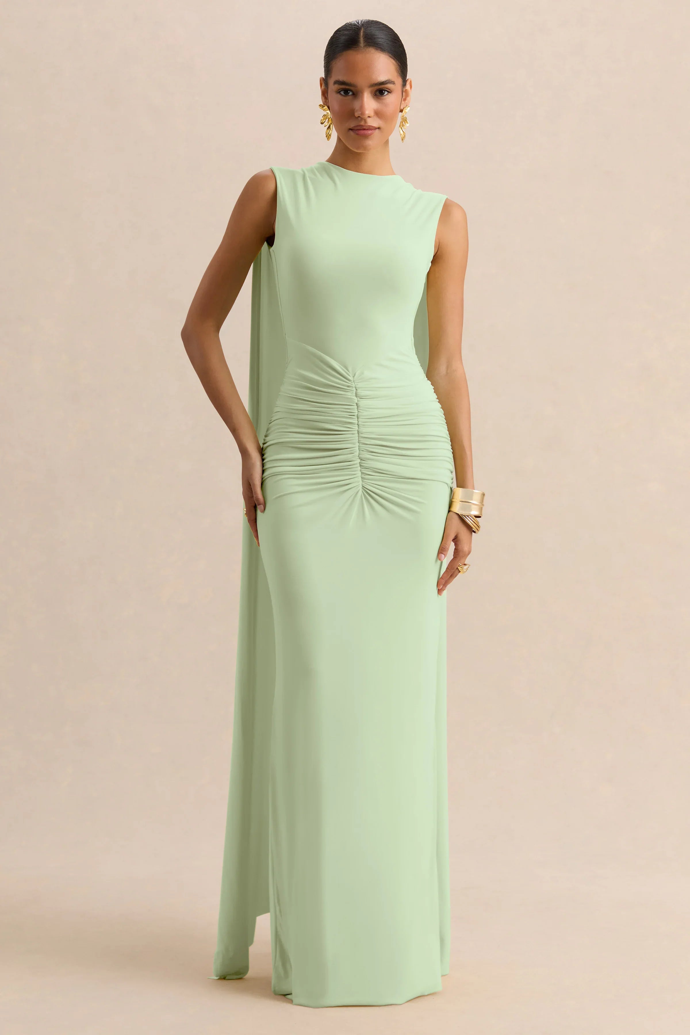 Premiere Mint Boat Neck Maxi Dress With Cape Sleeves And Open Back