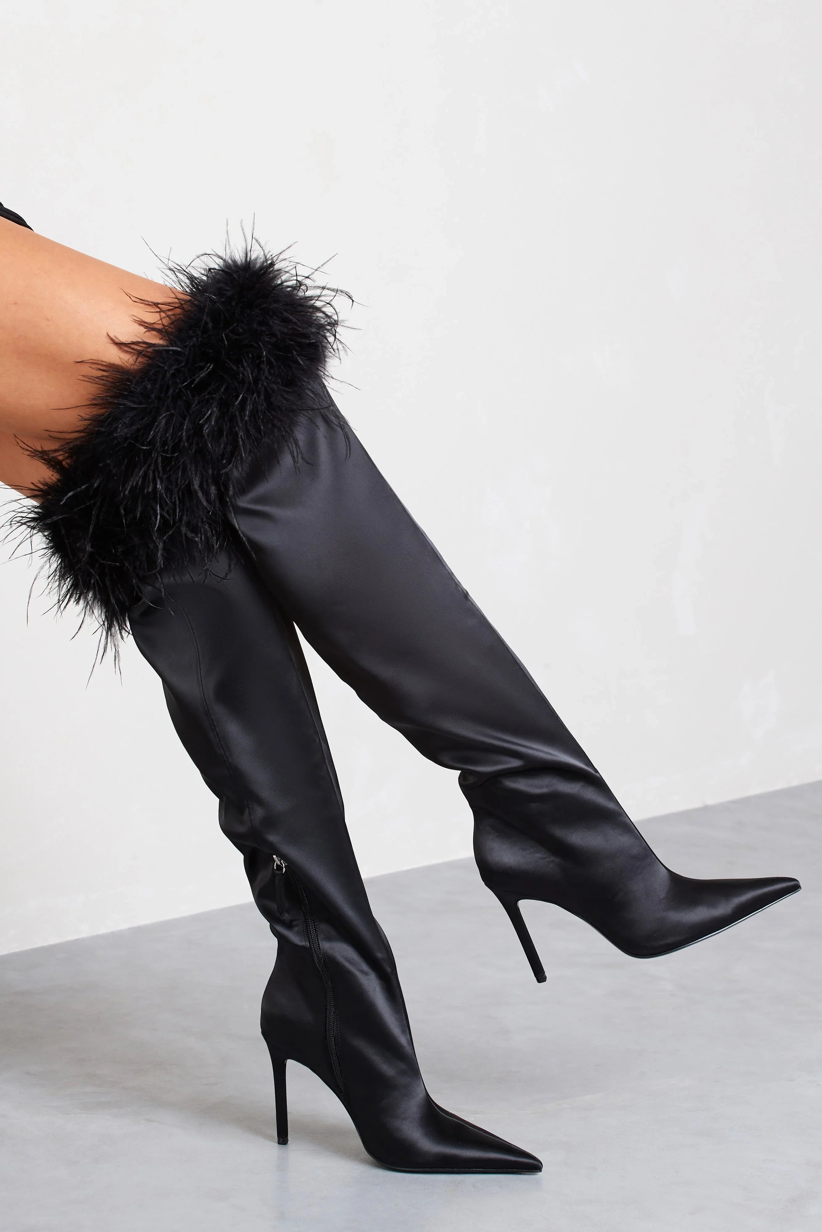 Soho Black Satin Pointed Heeled Boots With Feather Trims