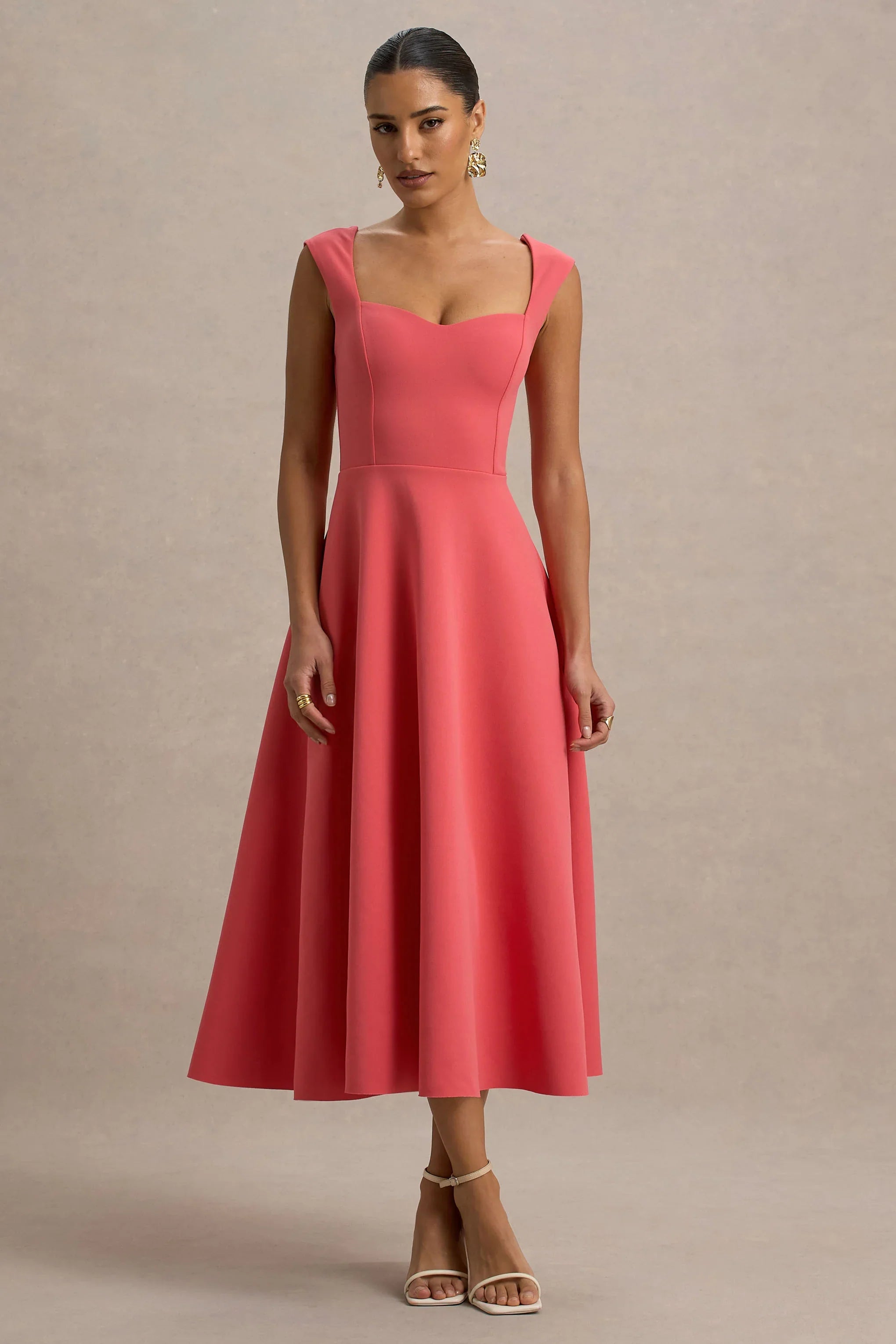 Andromeda Coral Sweetheart Neck Midi Dress