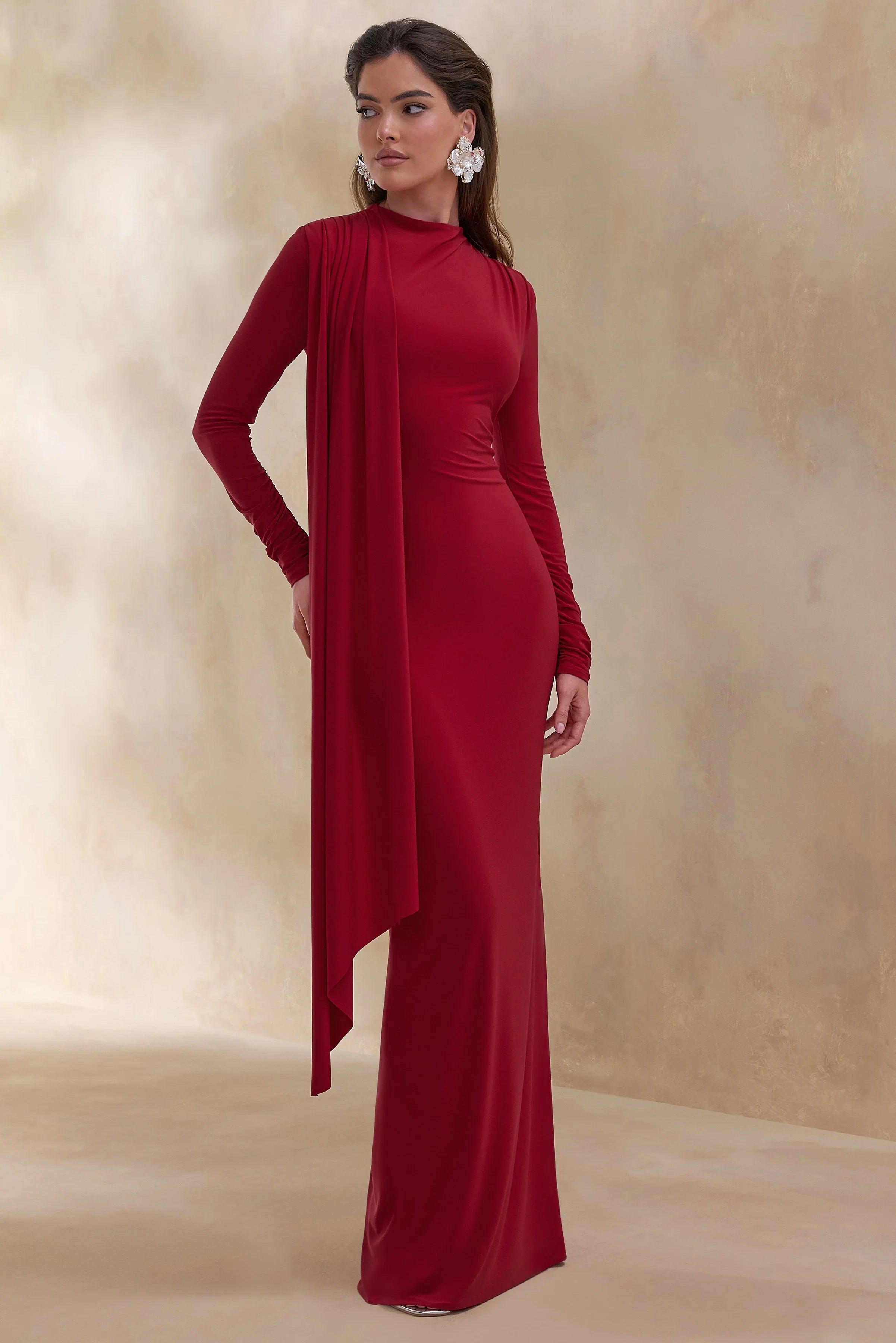 Amaria Red High Neck Maxi Dress With Sash Detail