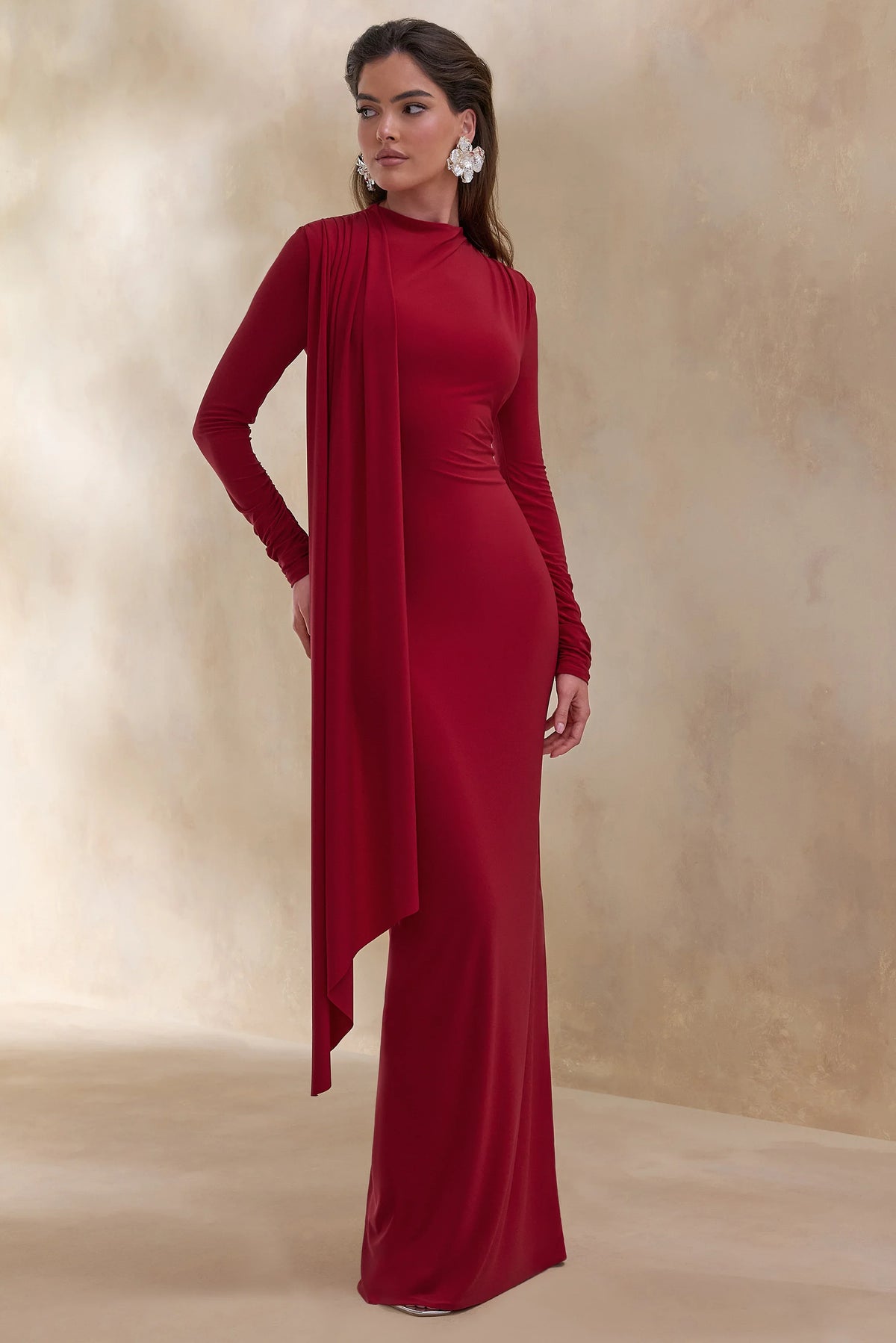 Amaria Red High Neck Maxi Dress With Sash Detail