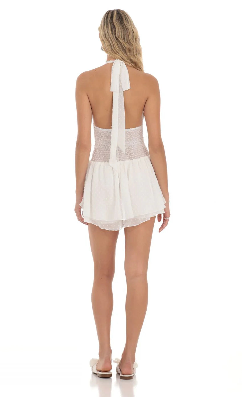 Dotted Halter Smocked Romper in White
