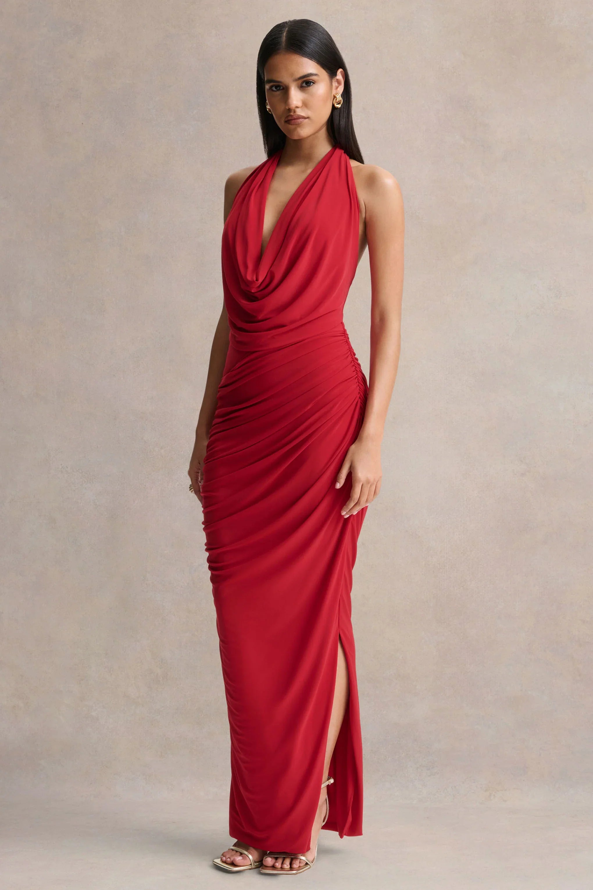 Cairo Red Cowl Neck Maxi Dress With Gathered Detailing