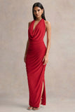 Cairo Red Cowl Neck Maxi Dress With Gathered Detailing
