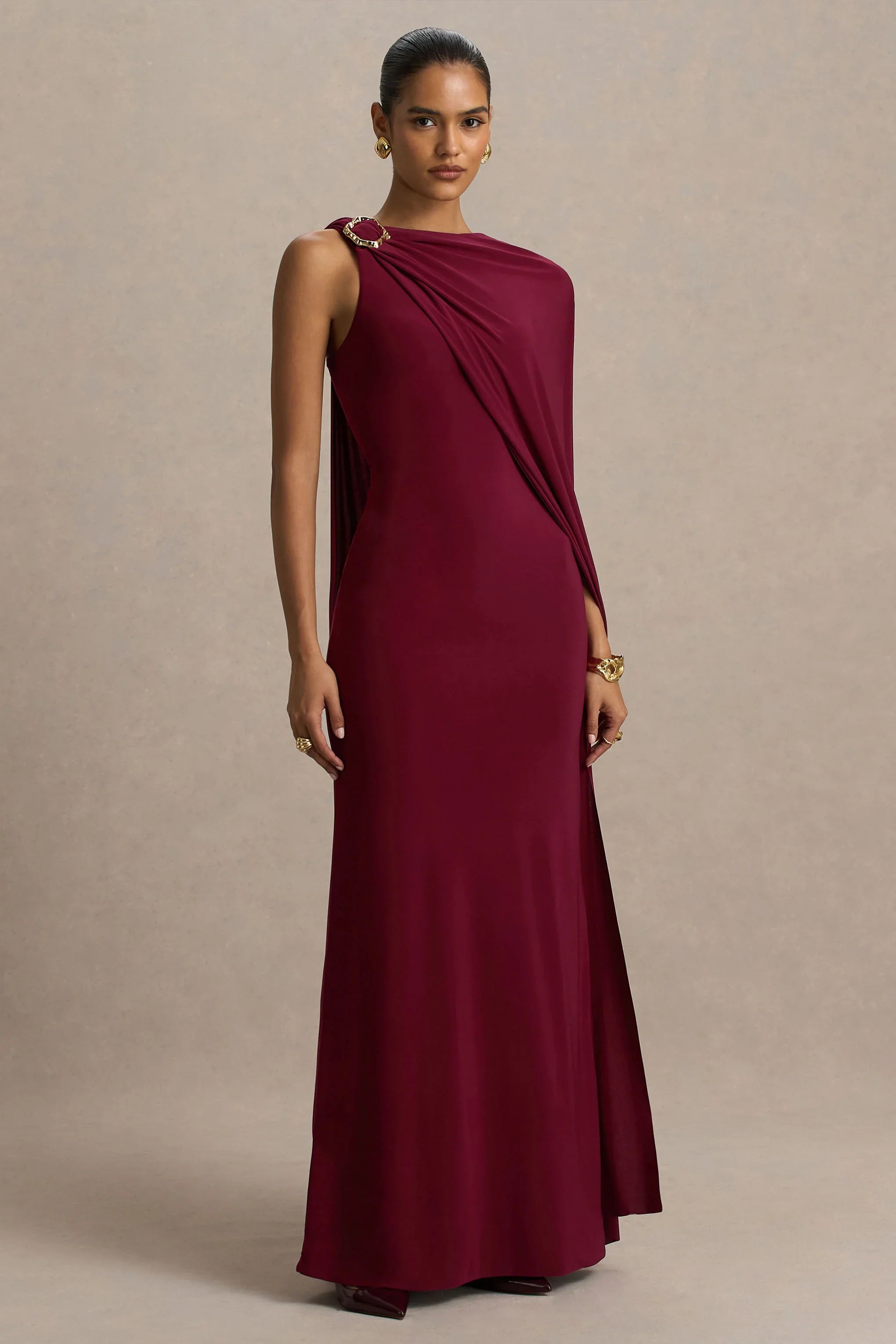 Cressida Burgundy Asymmetric Neck Maxi Dress With Cape And Gold Detail