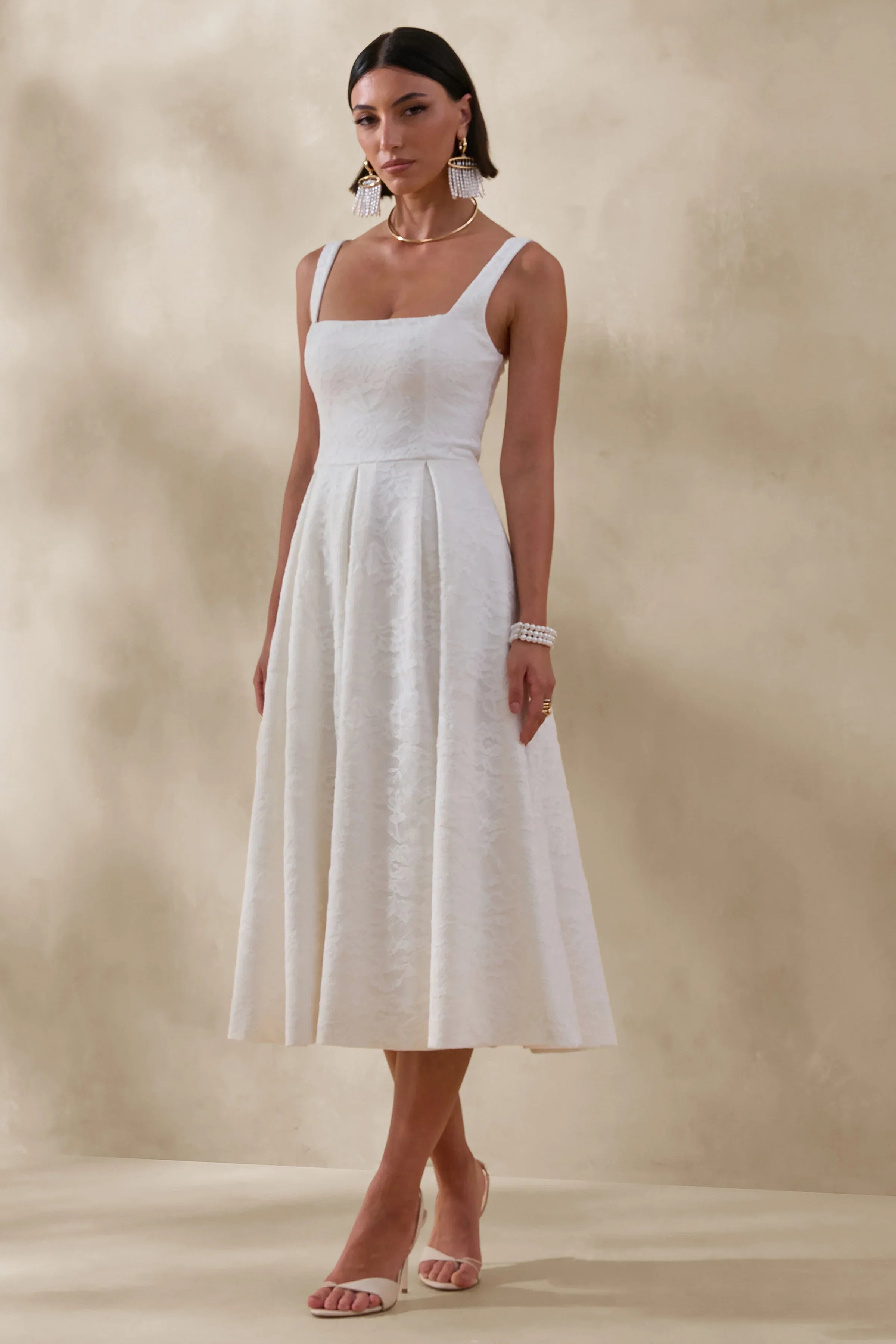 Ashmara White Lace Square Neck Midi Dress