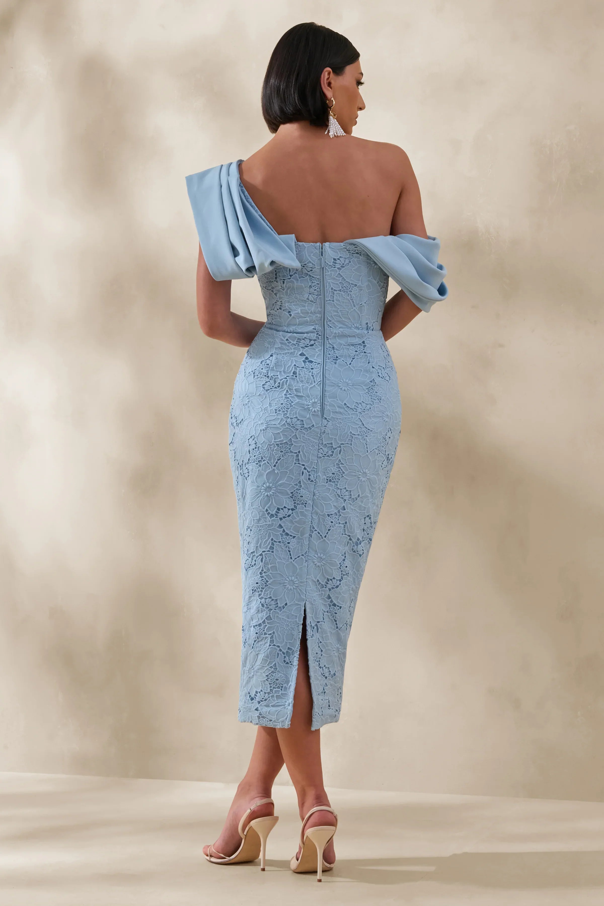 Loria Powder Blue Lace Asymmetric Neck Midi Dress With Draped Detailing