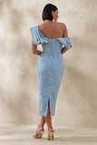Loria Powder Blue Lace Asymmetric Neck Midi Dress With Draped Detailing