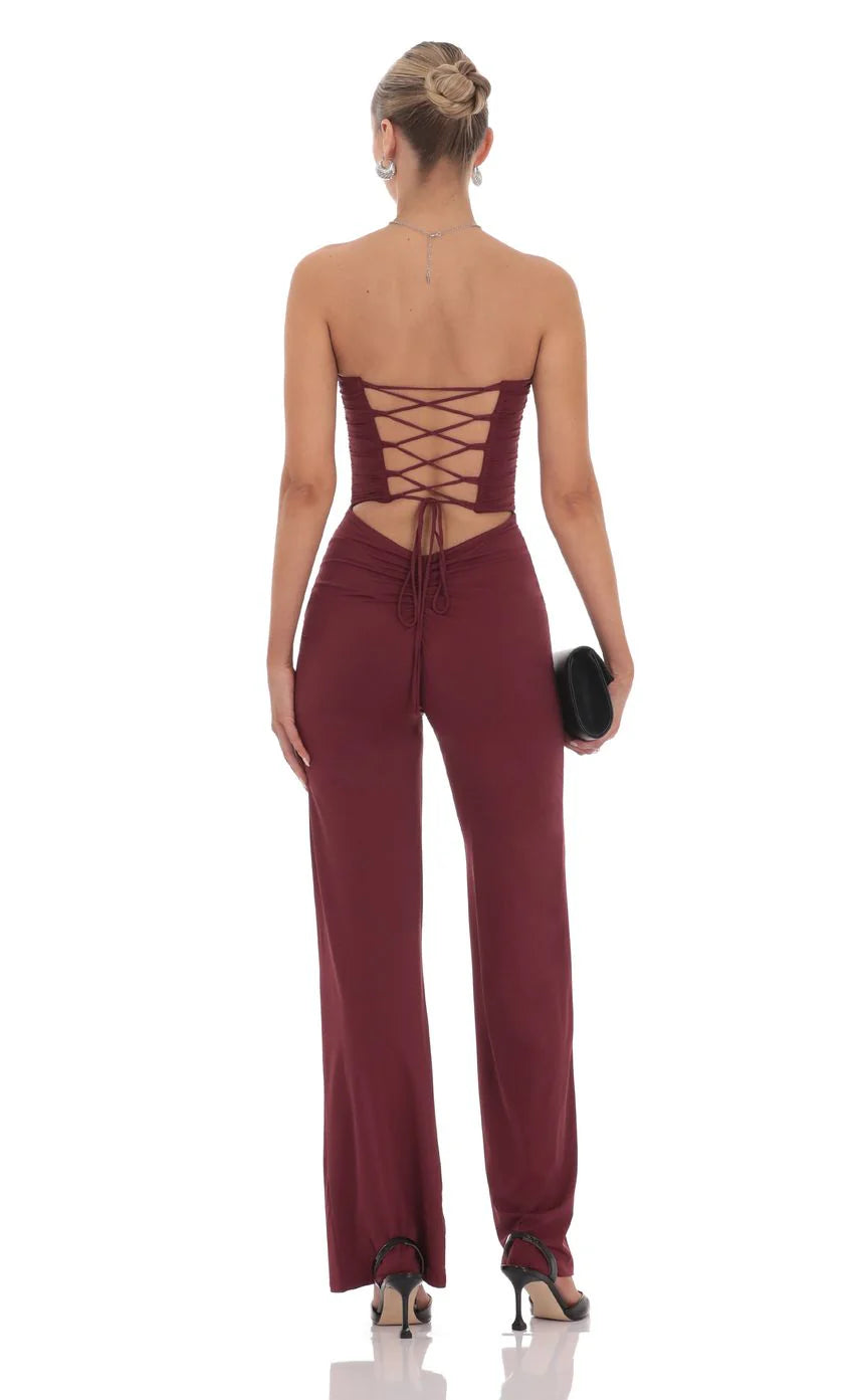 Strapless Pointed Corset Jumpsuit in Burgundy