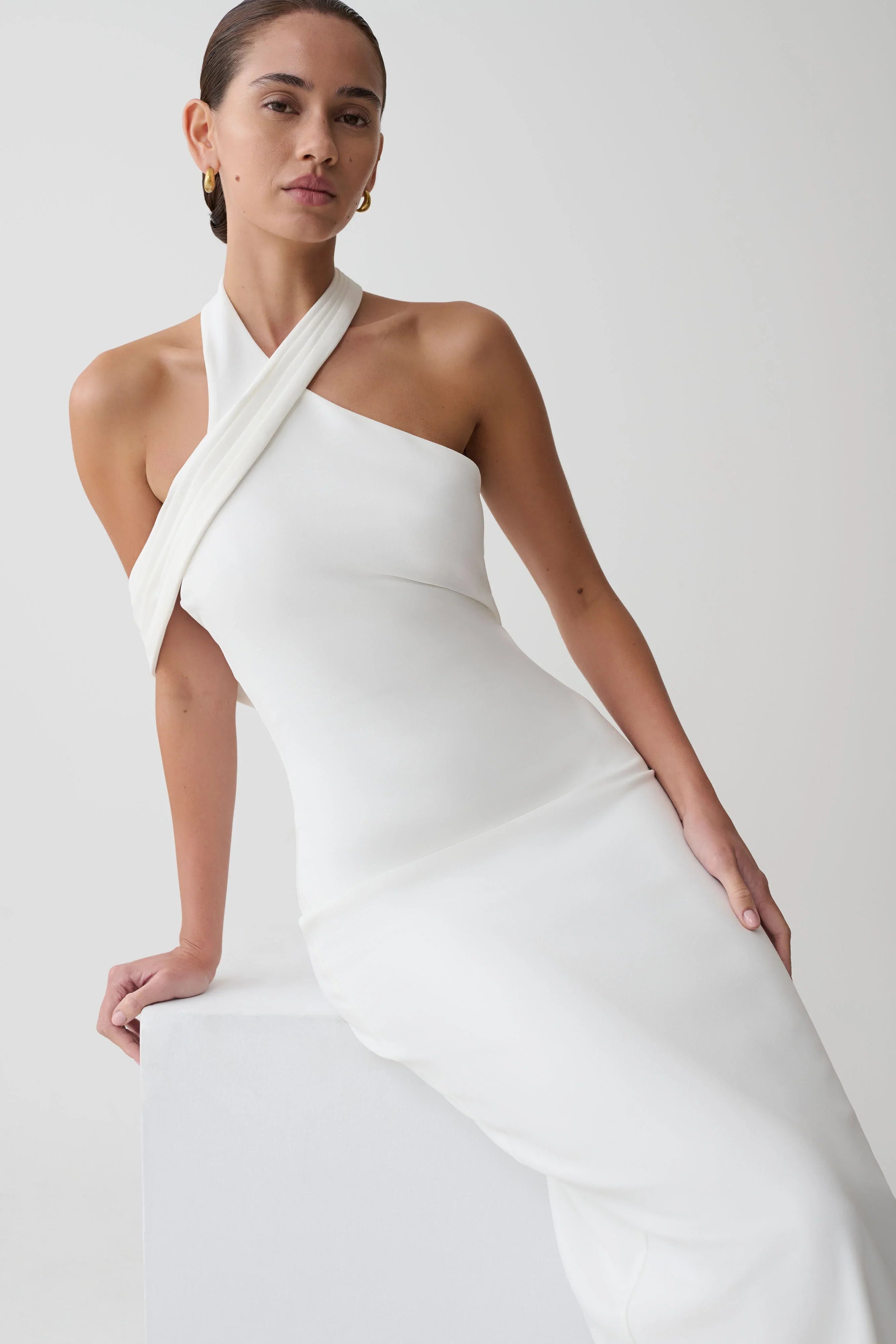 Sable Crossover Crepe Midi Dress White