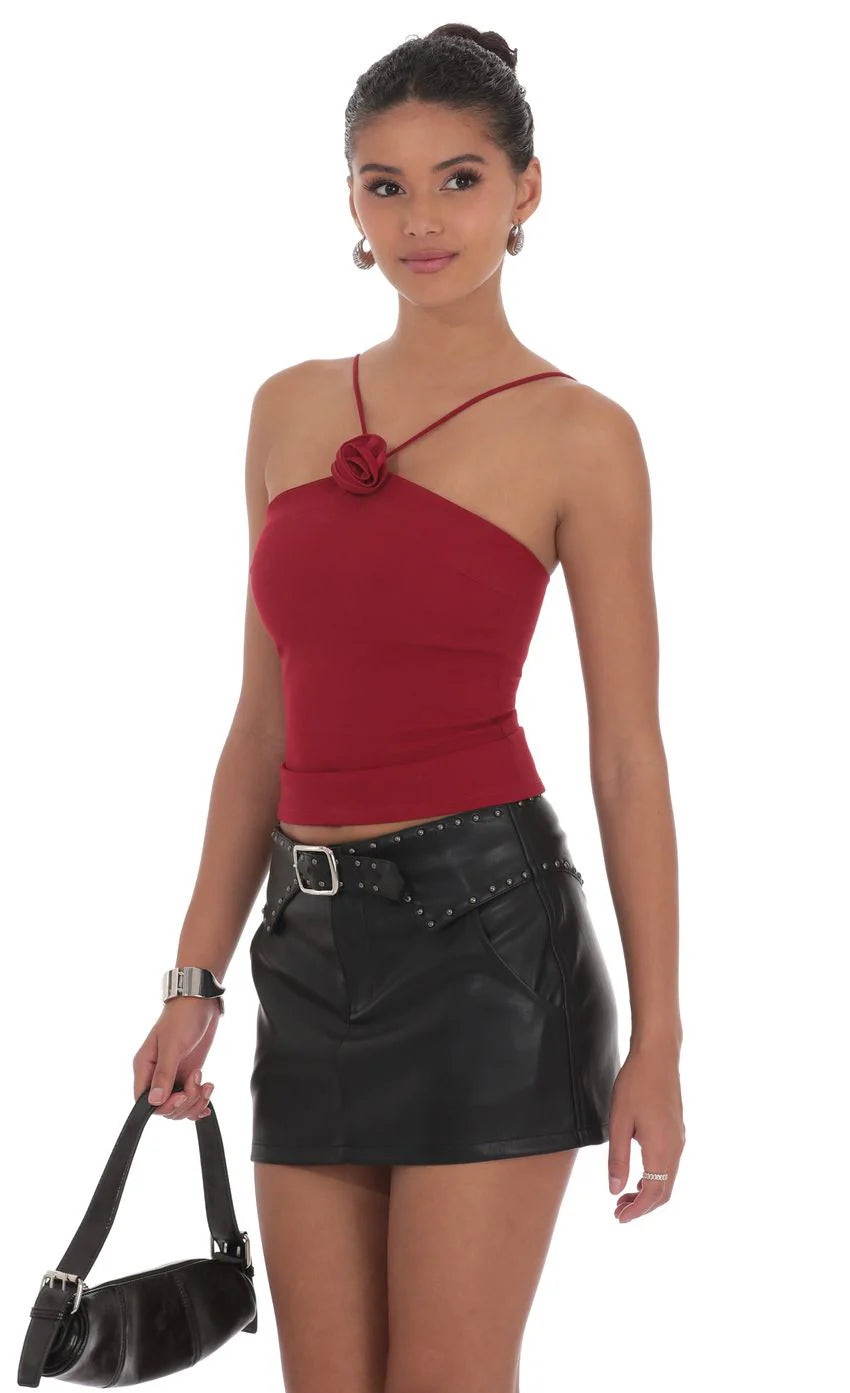Studded Belt Faux Leather Skirt in Black