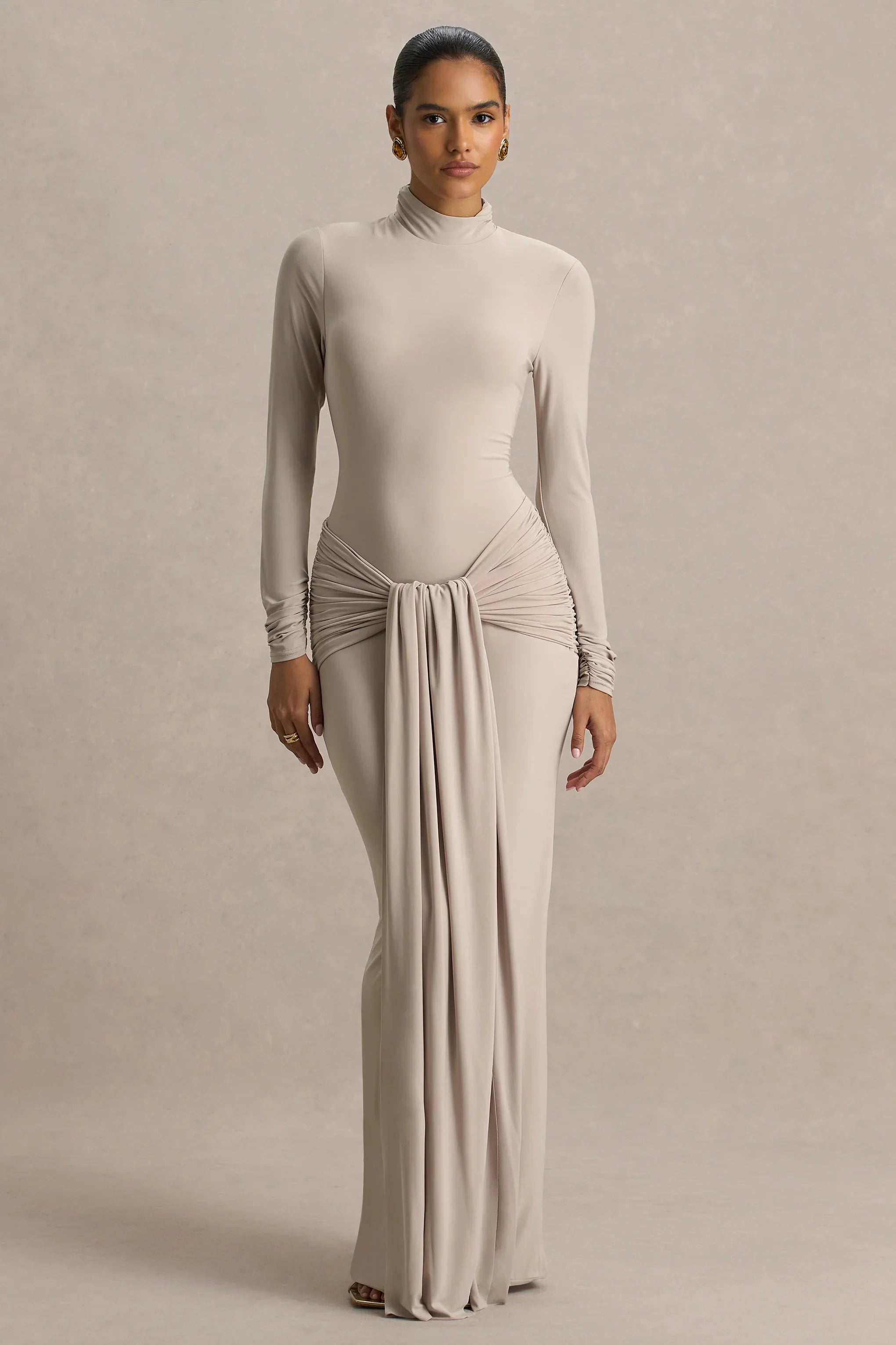 Myra Champagne High Neck Maxi Dress With Sash and Ruched Detailing
